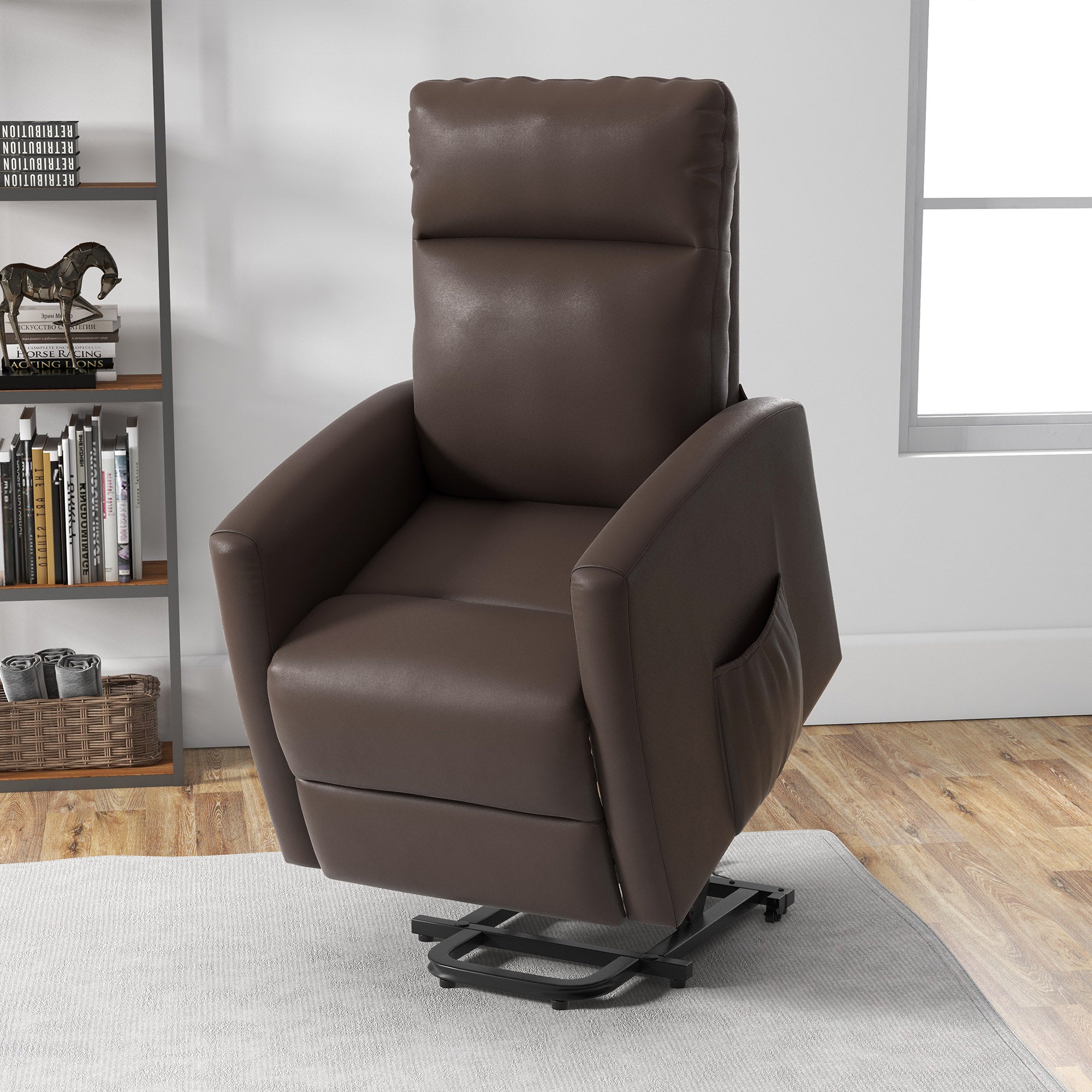 HOMCOM Electric Power Lift Chair for Elderly, PU Leather Power Reclining Chair for Living Room with Remote Control, Side Pocket, Brown