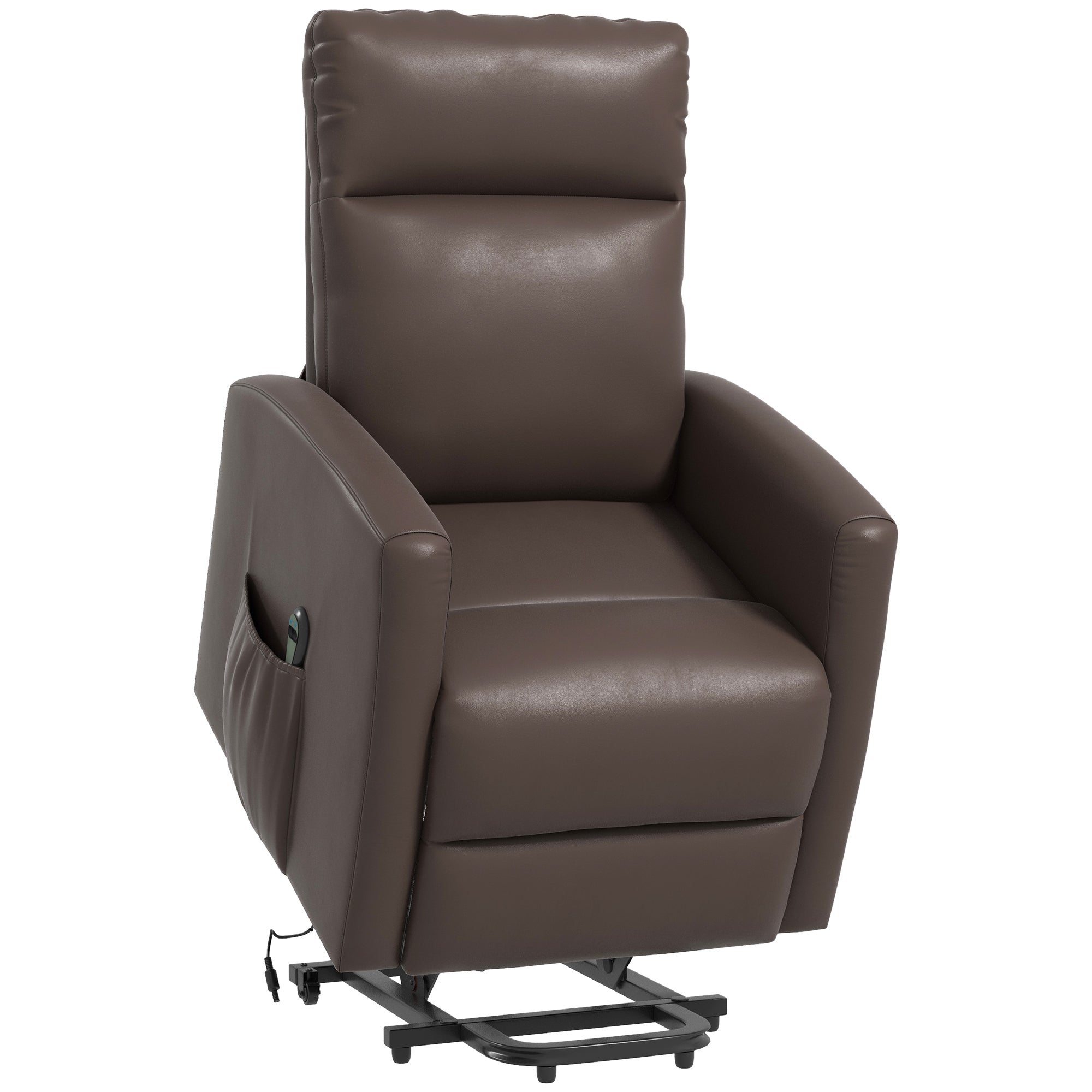 HOMCOM Electric Power Lift Chair for Elderly, PU Leather Power Reclining Chair for Living Room with Remote Control, Side Pocket, Brown