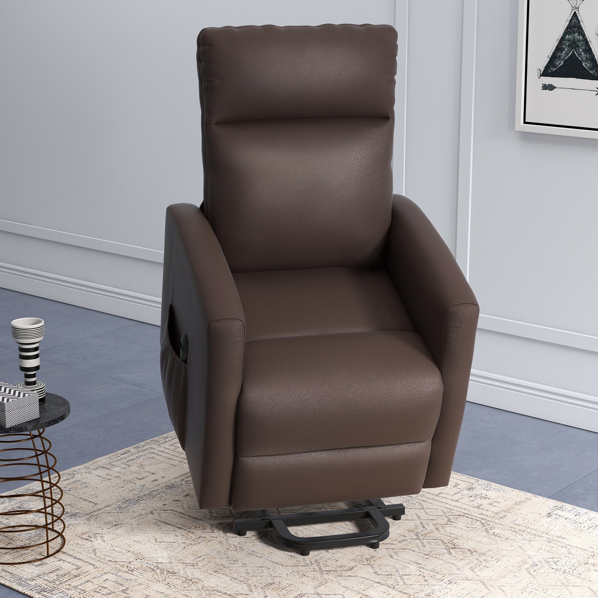 HOMCOM Electric Power Lift Chair for Elderly, PU Leather Power Reclining Chair for Living Room with Remote Control, Side Pocket, Brown