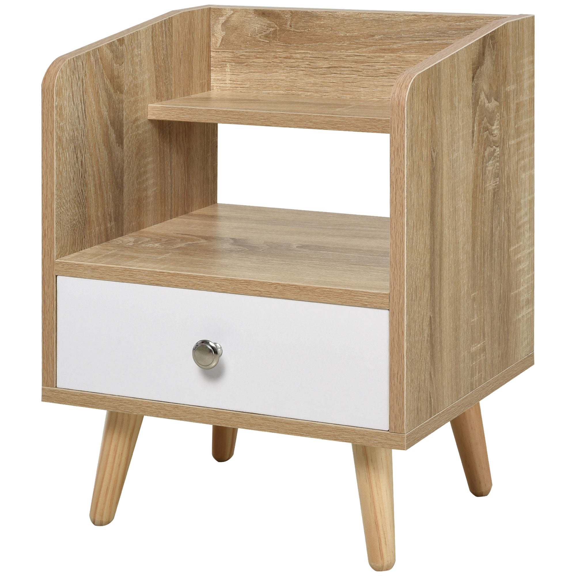 HOMCOM Nightstand, Bedside Table with 2-tier Shelf and Drawer, Side End Table with Storage for Bedroom, Natural