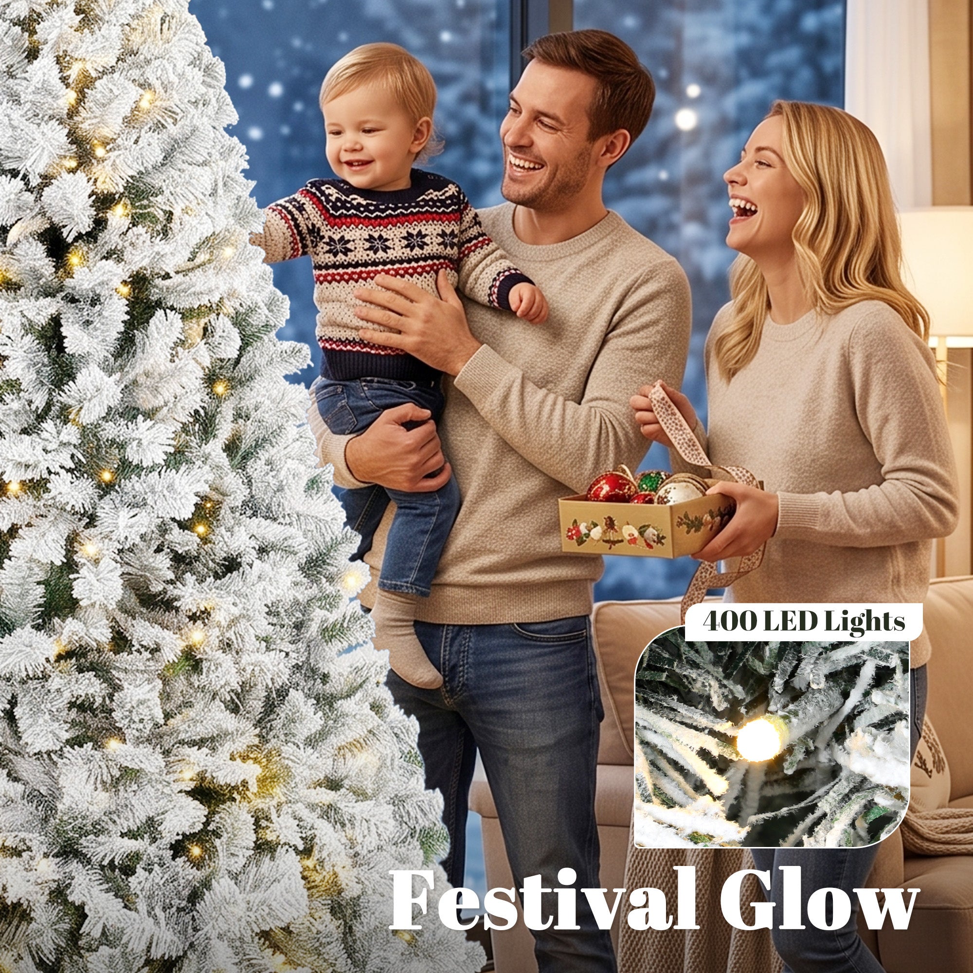 7.5ft Flocked Prelit Christmas Tree, Fraser Fir, Hinged Xmas Tree with 1189 Branch Tips, 400 Warm White LED Lights, Foldable Metal Base for Indoor Holiday Decor, Green White