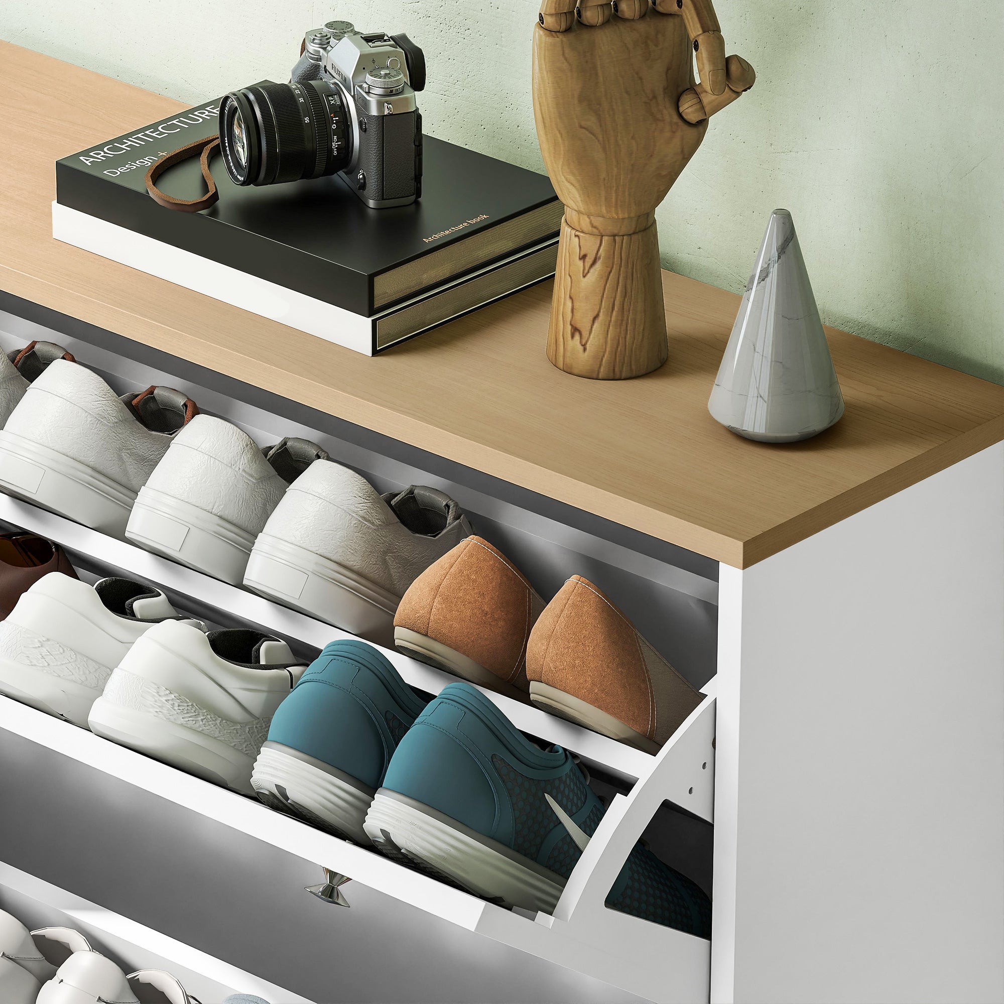 Narrow Shoe Cabinet with 4 Flip Drawers, Slim Shoe Storage Cabinet with Adjustable Shelves for Entryway Hallway, Holds 24–32 Pairs, White