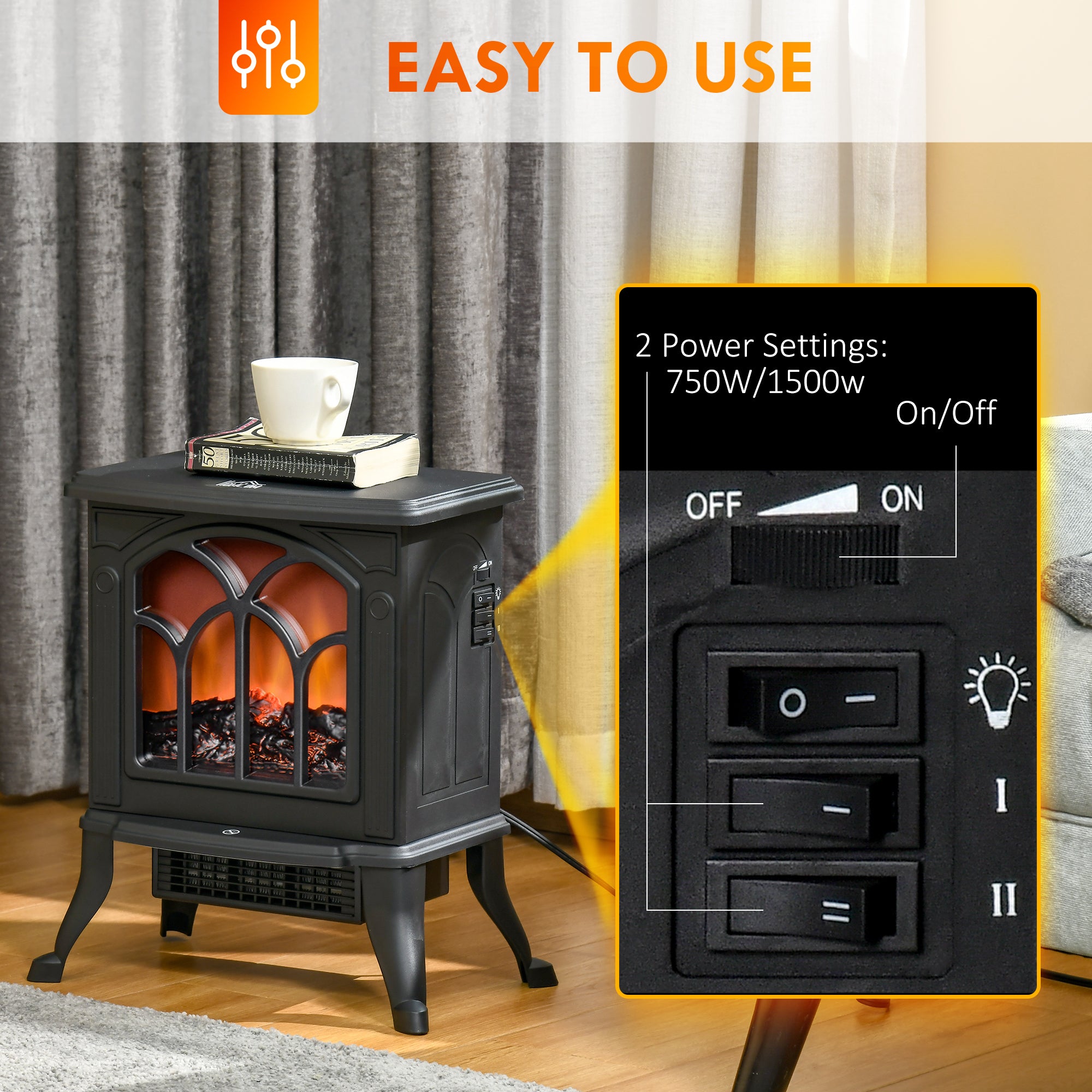 Electric Fireplace Heater, Freestanding Fireplace Stove with Realistic Logs and Flame Effect, 750W/1500W, Black