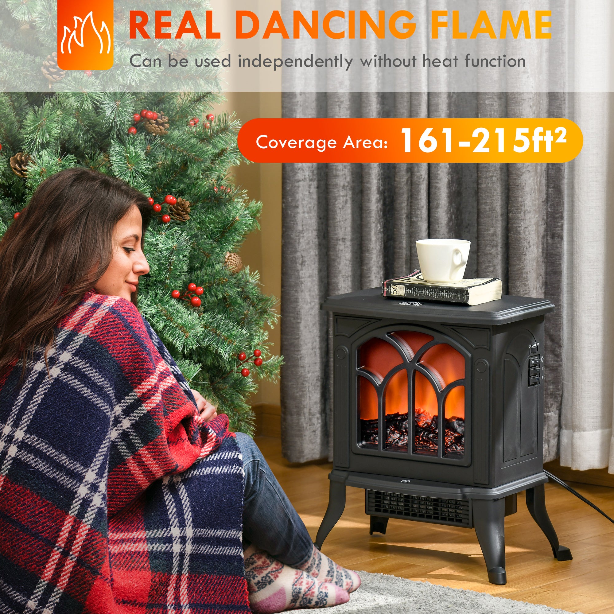 Electric Fireplace Heater, Freestanding Fireplace Stove with Realistic Logs and Flame Effect, 750W/1500W, Black