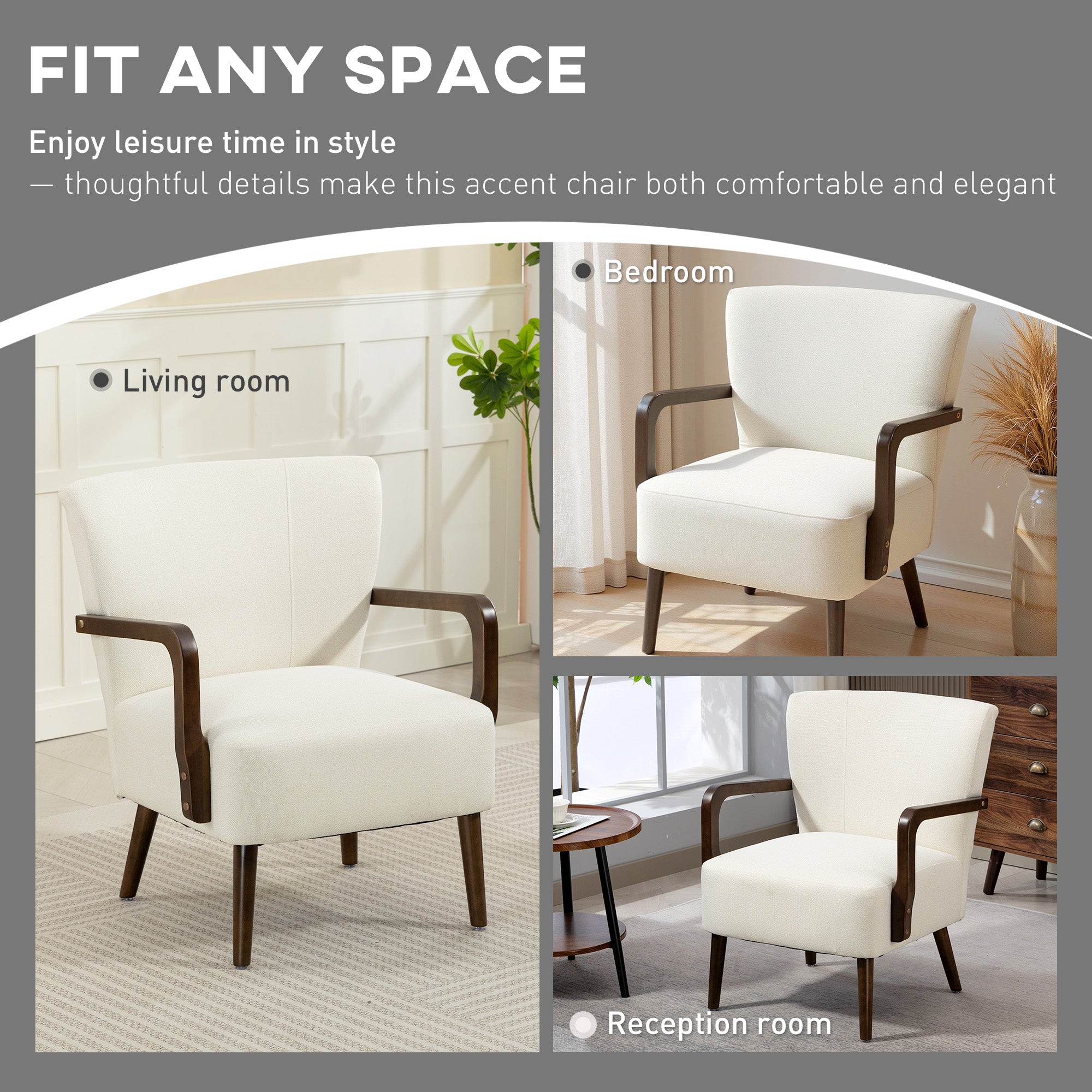 Accent Chair with Wooden Legs, Upholstered Linen Fabric Armchair with Wide Back and Thick Padding, Modern Comfy Chair for Living Room, Bedroom, Cream White
