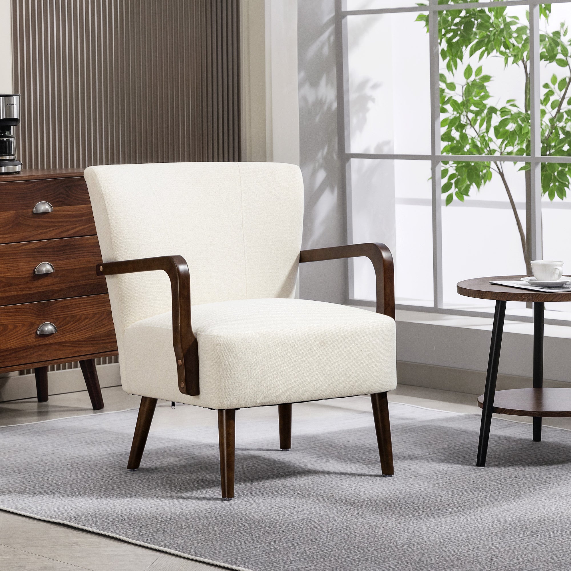 Accent Chair with Wooden Legs, Upholstered Linen Fabric Armchair with Wide Back and Thick Padding, Modern Comfy Chair for Living Room, Bedroom, Cream White