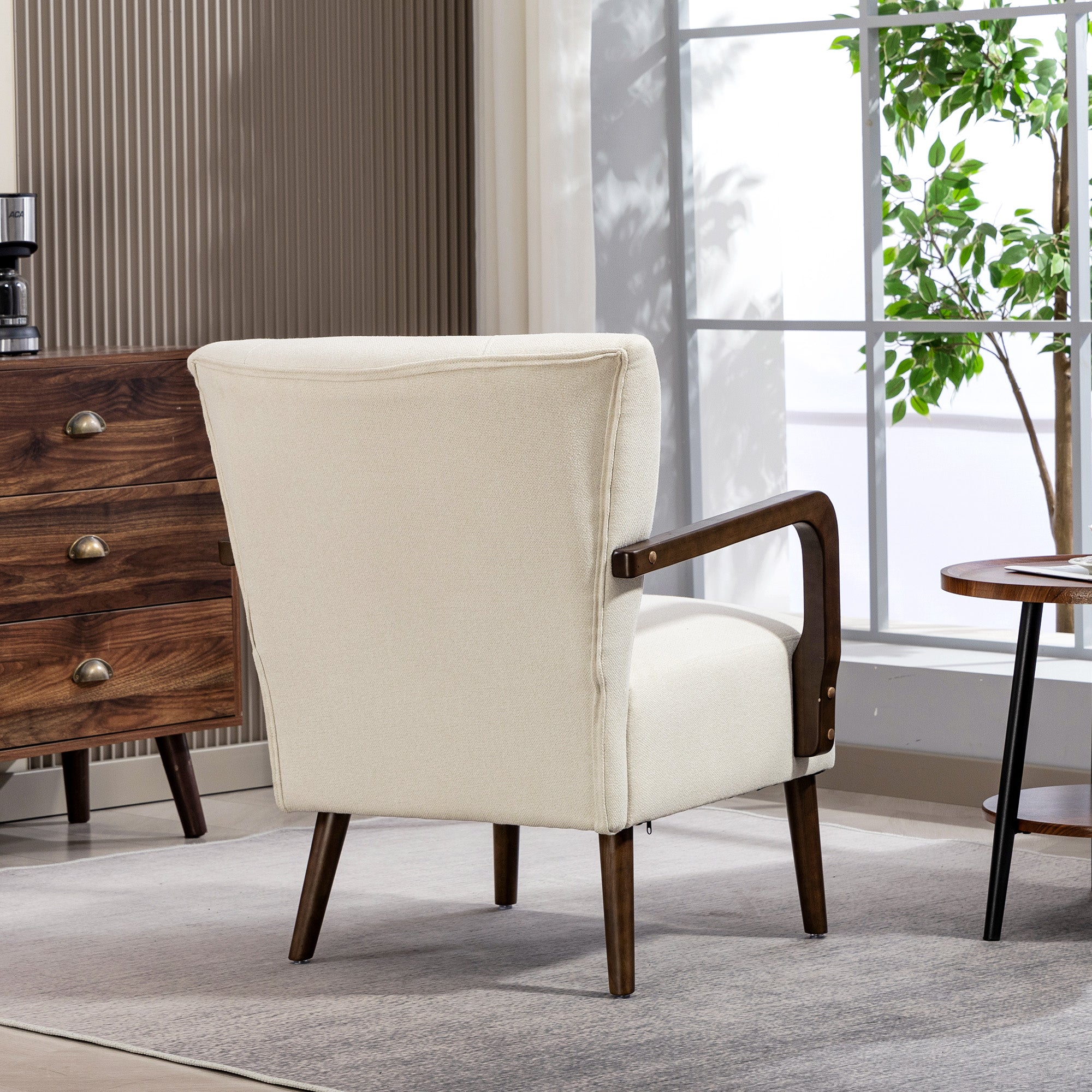 Accent Chair with Wooden Legs, Upholstered Linen Fabric Armchair with Wide Back and Thick Padding, Modern Comfy Chair for Living Room, Bedroom, Cream White