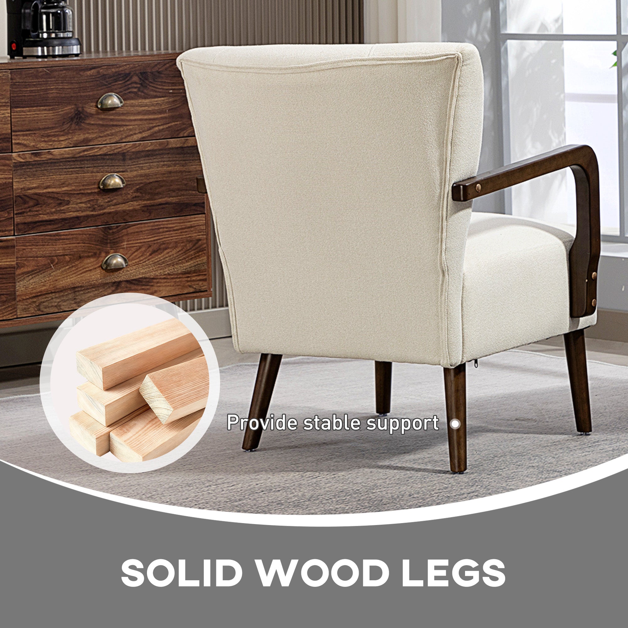 Accent Chair with Wooden Legs, Upholstered Linen Fabric Armchair with Wide Back and Thick Padding, Modern Comfy Chair for Living Room, Bedroom, Cream White