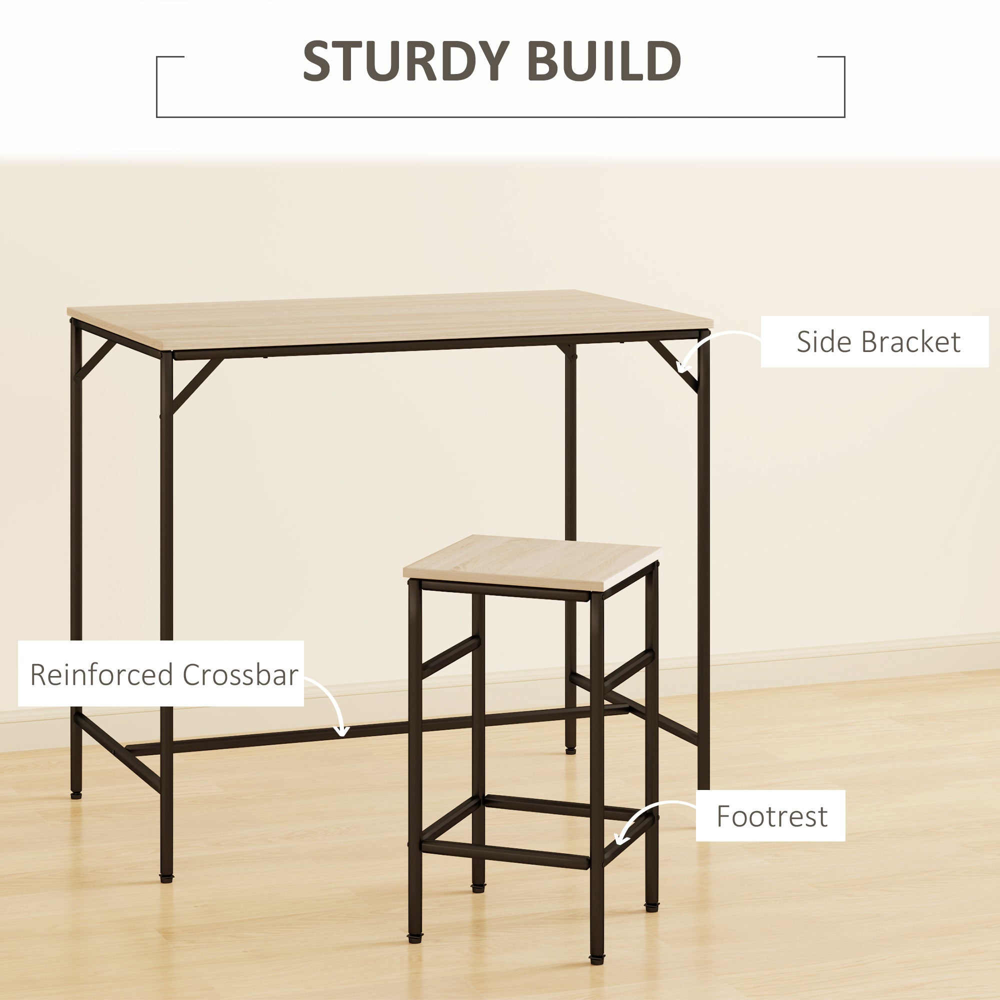 HOMCOM 5 Pieces Industrial Rectangular Bar Table Set, Dining Table Set Breakfast Table with 4 Stools for Dining Room, Kitchen, Dinette, Oak