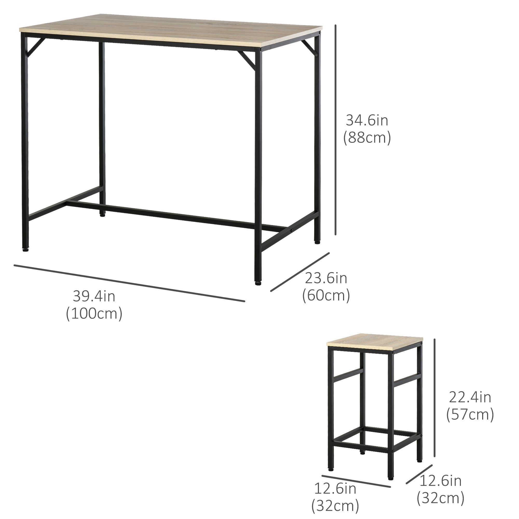 HOMCOM 5 Pieces Industrial Rectangular Bar Table Set, Dining Table Set Breakfast Table with 4 Stools for Dining Room, Kitchen, Dinette, Oak