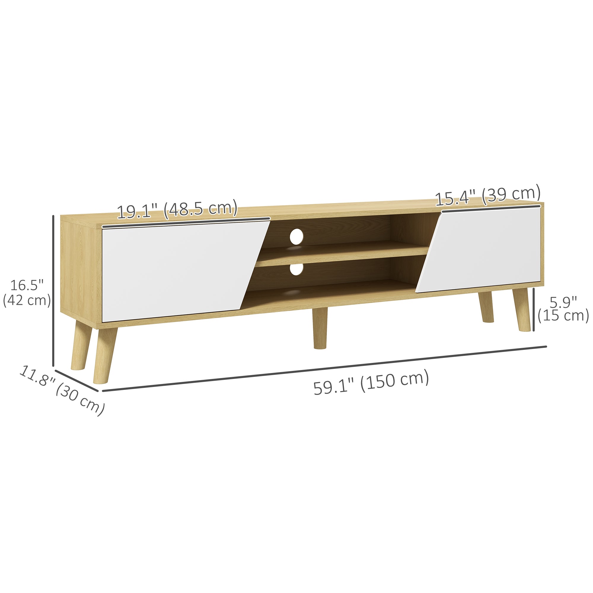 TV Stand for 65 Inch Television, Entertainment Center with Storage Shelves and Soft Closing Door, TV Console Table with Rubberwood Legs for Living Room, Oak and White