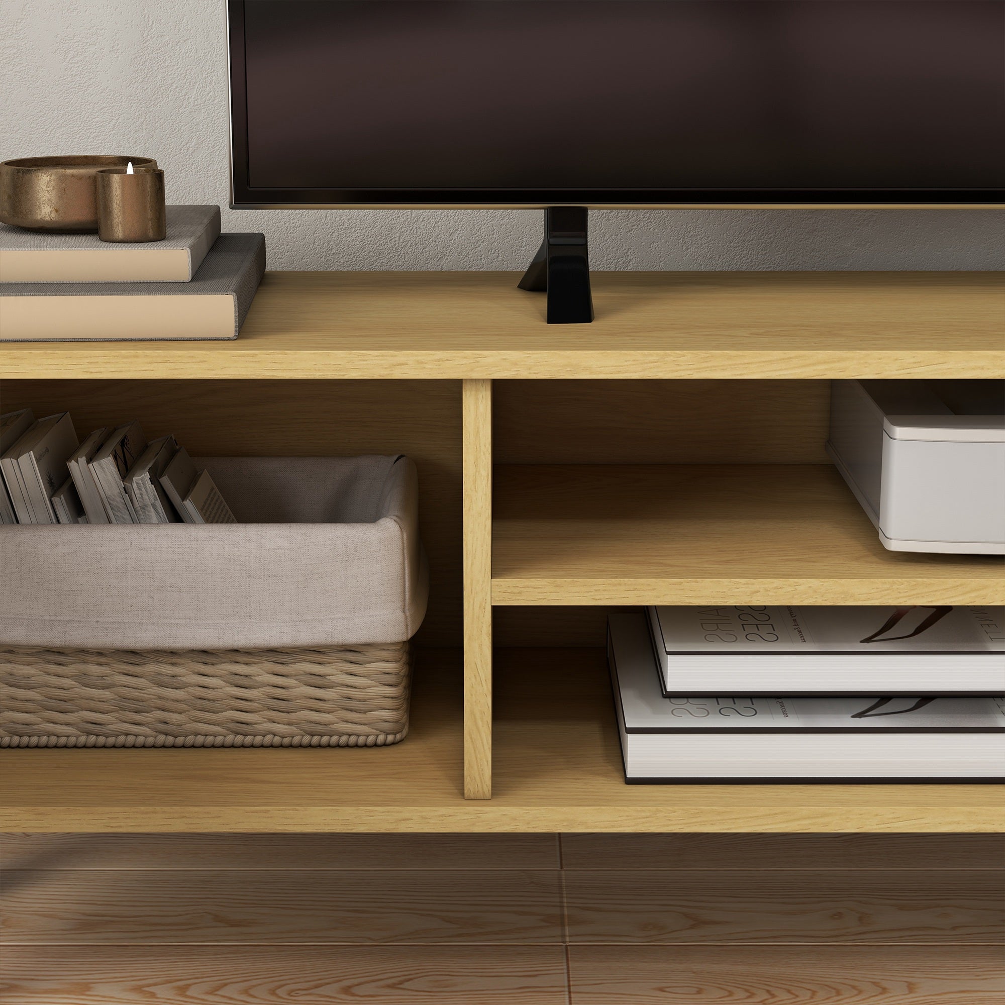 HOMCOM TV Stand Cabinet, TV Unit for TVs up to 65", TV Cabinet with Storage Shelves and Soft Closing Door Cupboard, Cable Management for Living Room, Bedroom, Oak and White