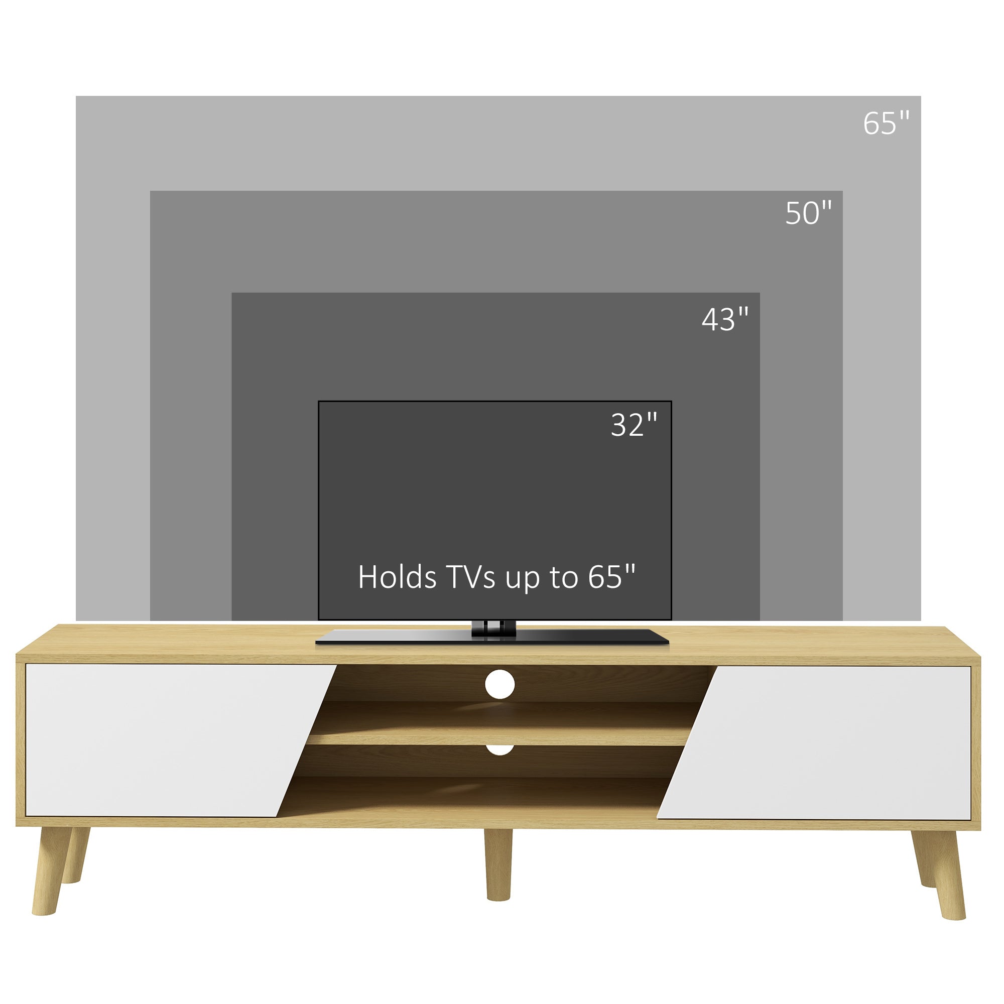 HOMCOM TV Stand Cabinet, TV Unit for TVs up to 65", TV Cabinet with Storage Shelves and Soft Closing Door Cupboard, Cable Management for Living Room, Bedroom, Oak and White