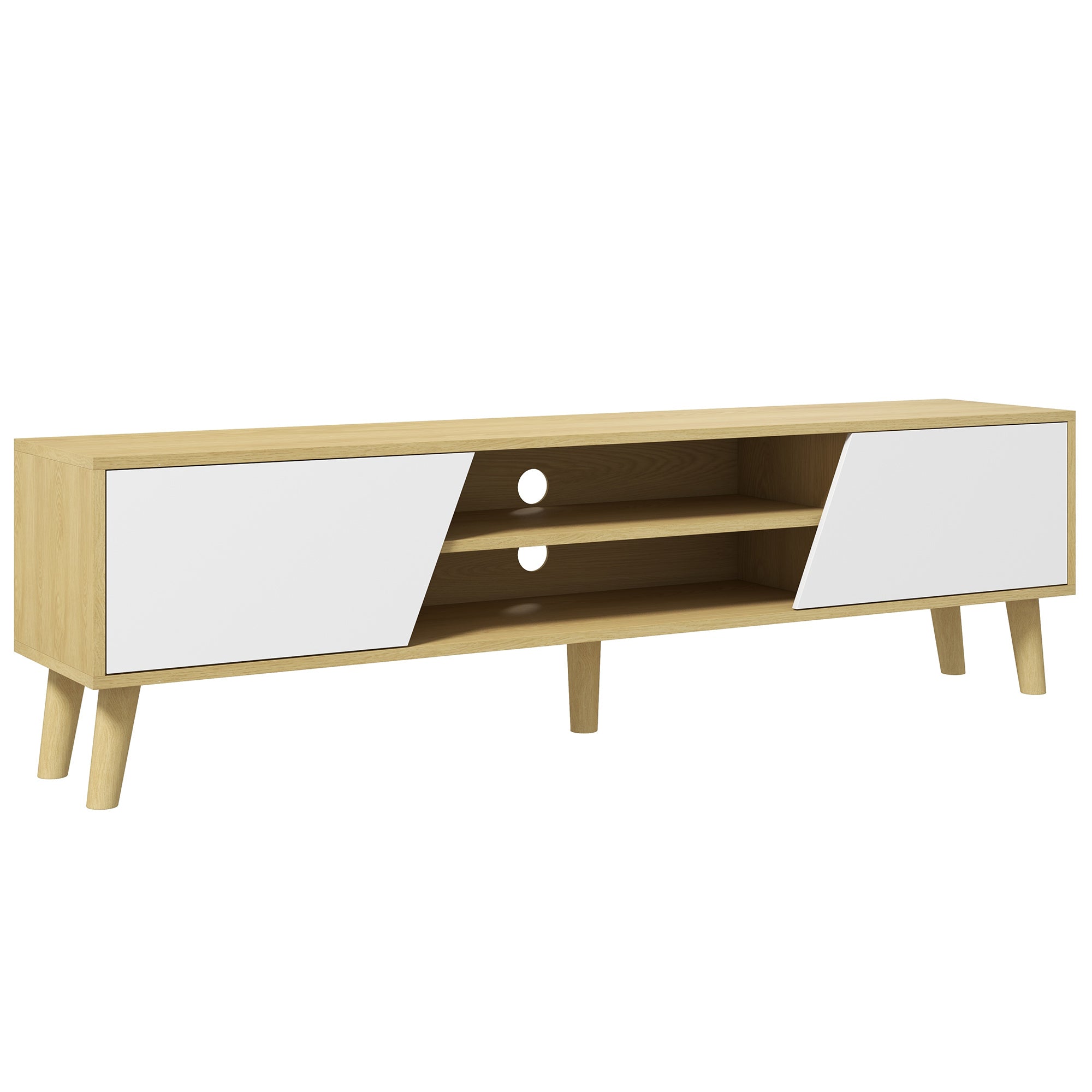 TV Stand for 65 Inch Television, Entertainment Center with Storage Shelves and Soft Closing Door, TV Console Table with Rubberwood Legs for Living Room, Oak and White