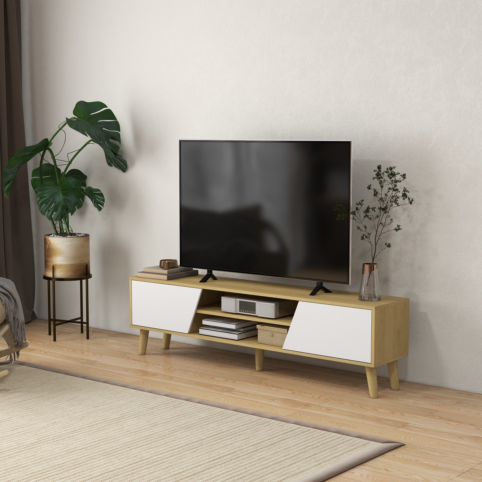 HOMCOM TV Stand Cabinet, TV Unit for TVs up to 65", TV Cabinet with Storage Shelves and Soft Closing Door Cupboard, Cable Management for Living Room, Bedroom, Oak and White