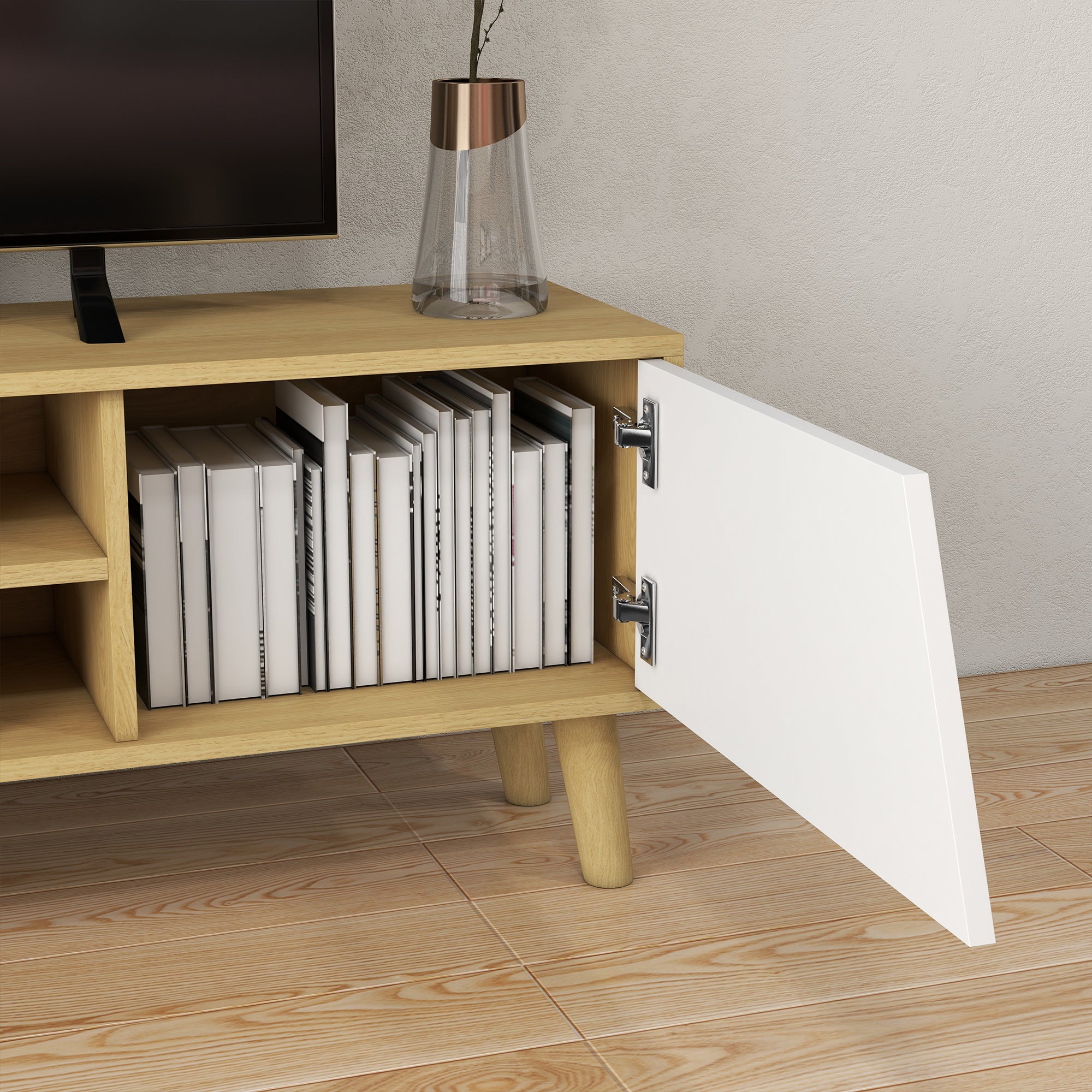 HOMCOM TV Stand Cabinet, TV Unit for TVs up to 65", TV Cabinet with Storage Shelves and Soft Closing Door Cupboard, Cable Management for Living Room, Bedroom, Oak and White