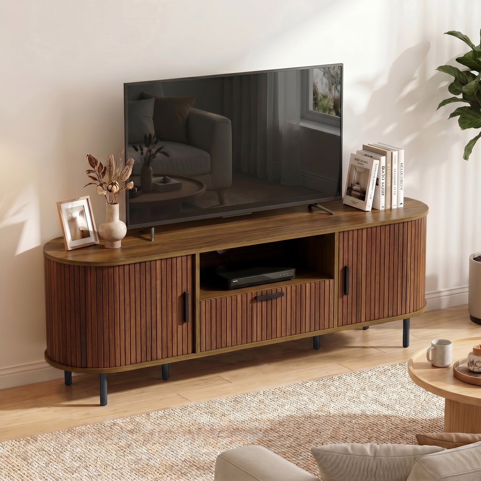 TV Stand for TVs up to 60", Modern Entertainment Center with Curved Sliding Doors, Media Console with Drawer, Cabinet and Shelf, Brown