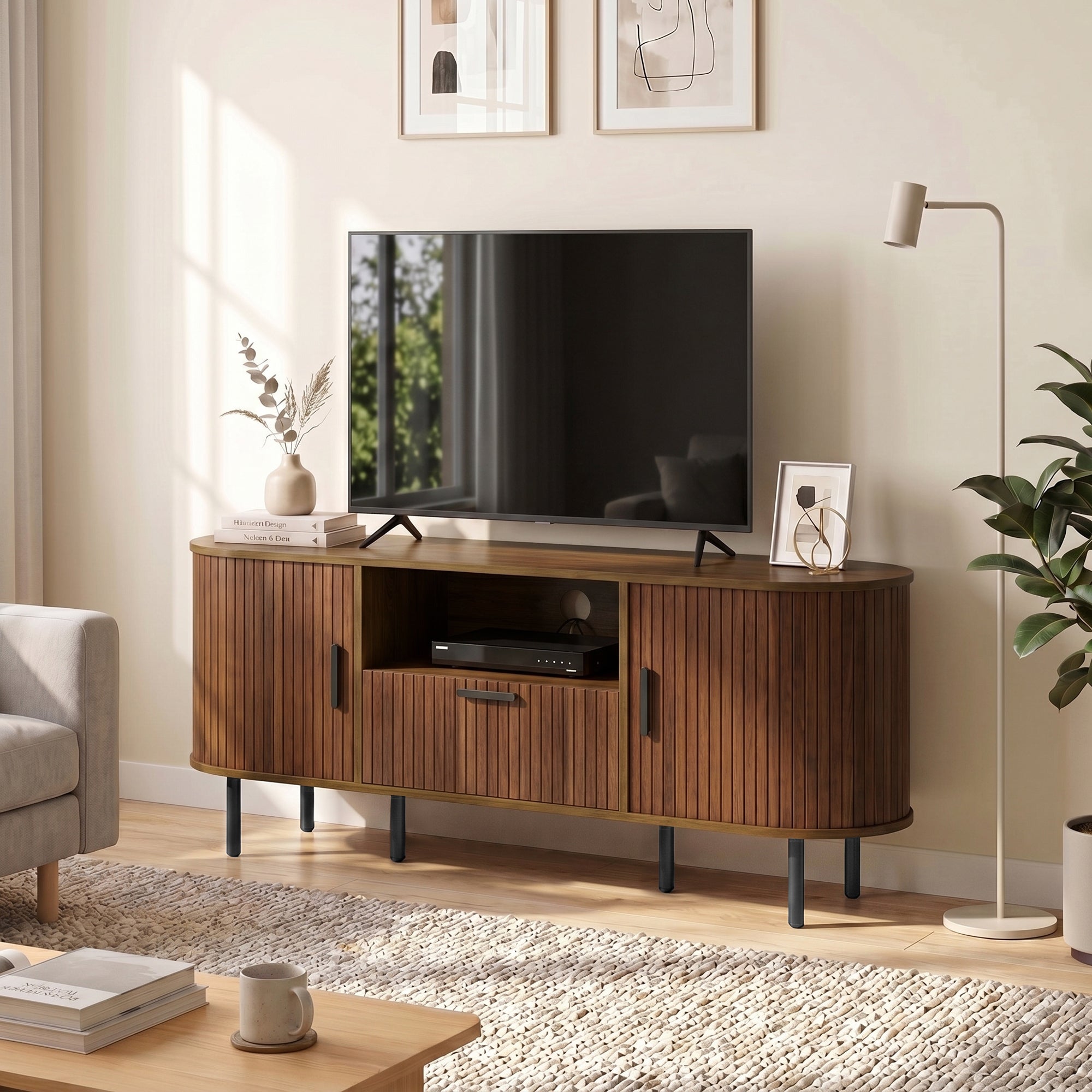 TV Stand for TVs up to 60", Modern Entertainment Center with Curved Sliding Doors, Media Console with Drawer, Cabinet and Shelf, Brown