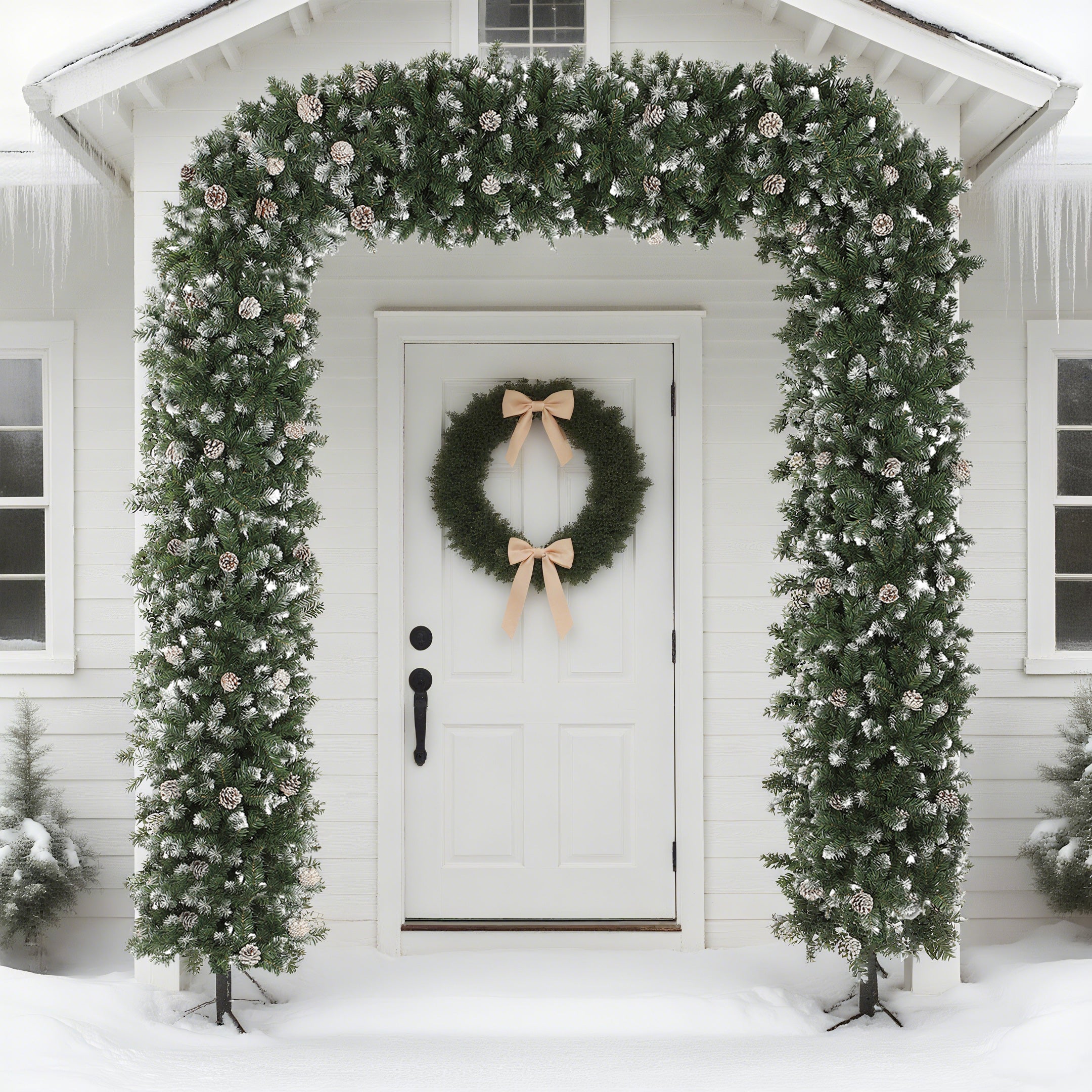 8.2 ft Snow Frosted Christmas Tree Arch, Christmas Arch Doorway Decor with 2100 Tips and 96 Pinecones, Artificial Xmas Tree with Metal Stand for Indoor, Green