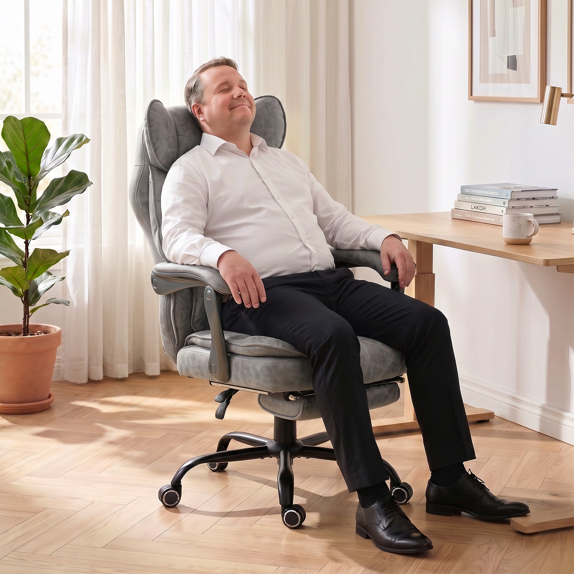 Executive Office Chair with Footrest, 180kg 400lb Big and Tall Leathaire Desk Chair with Wide Seat, Reclining Back, Lumbar Support, Built-in Headrest, Class 4 Gas Lift, Swivel Wheel, Grey