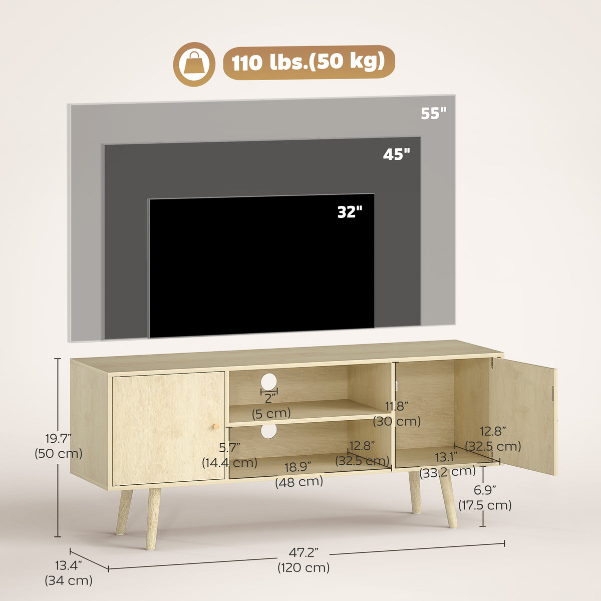 TV Stand Cabinet for TVs up to 55 Inches, Entertainment Unit with Storage Shelves and Wood Legs for Living Room, Natural Wood
