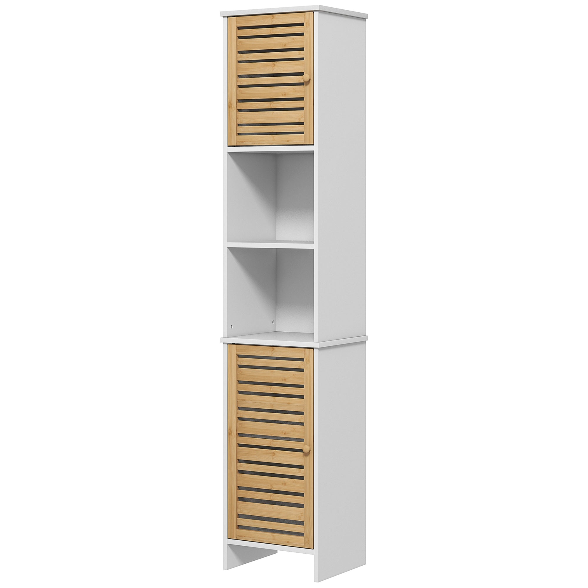 HOMCOM Tall Bathroom Cabinet, Slim Bathroom Storage Cabinet with Adjustable Shelves and Open Compartments, Narrow Cabinet with Bamboo Doors, White