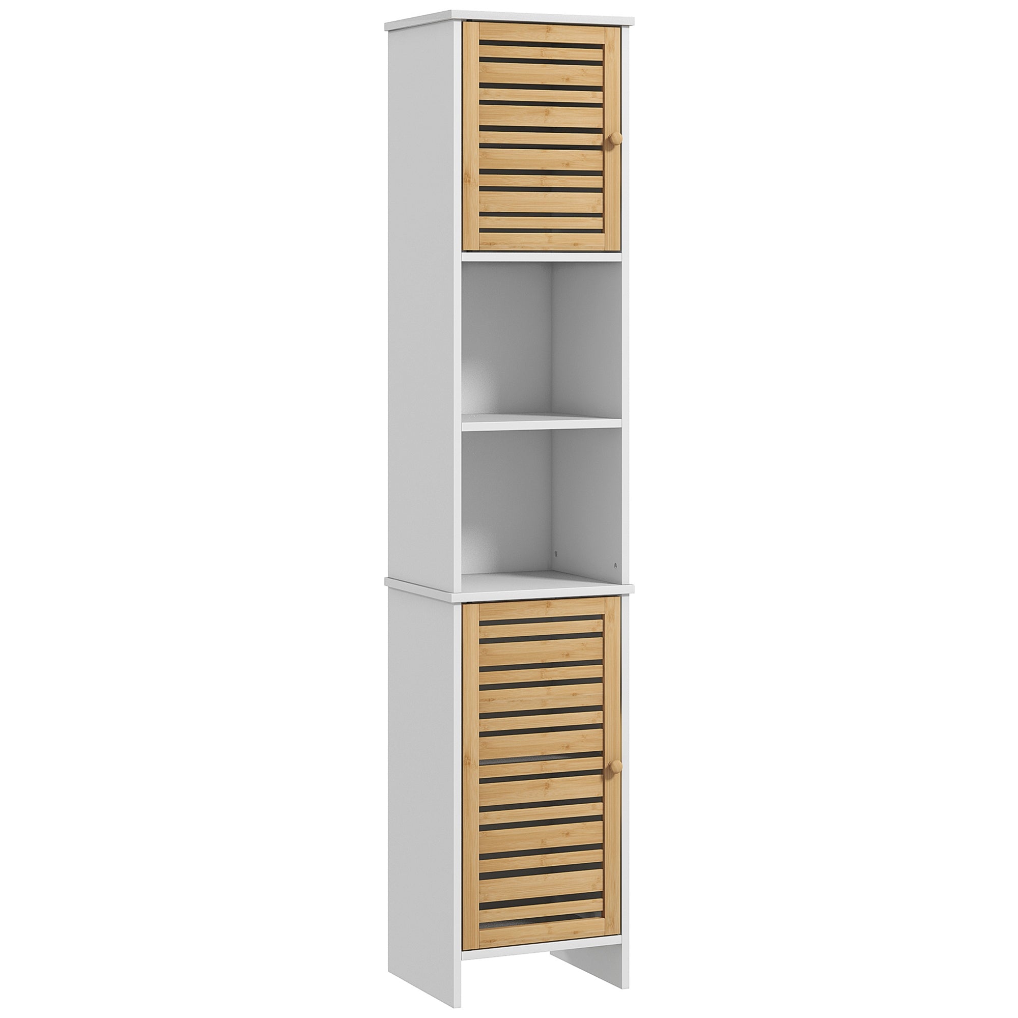 HOMCOM Tall Bathroom Cabinet, Slim Bathroom Storage Cabinet with Adjustable Shelves and Open Compartments, Narrow Cabinet with Bamboo Doors, White