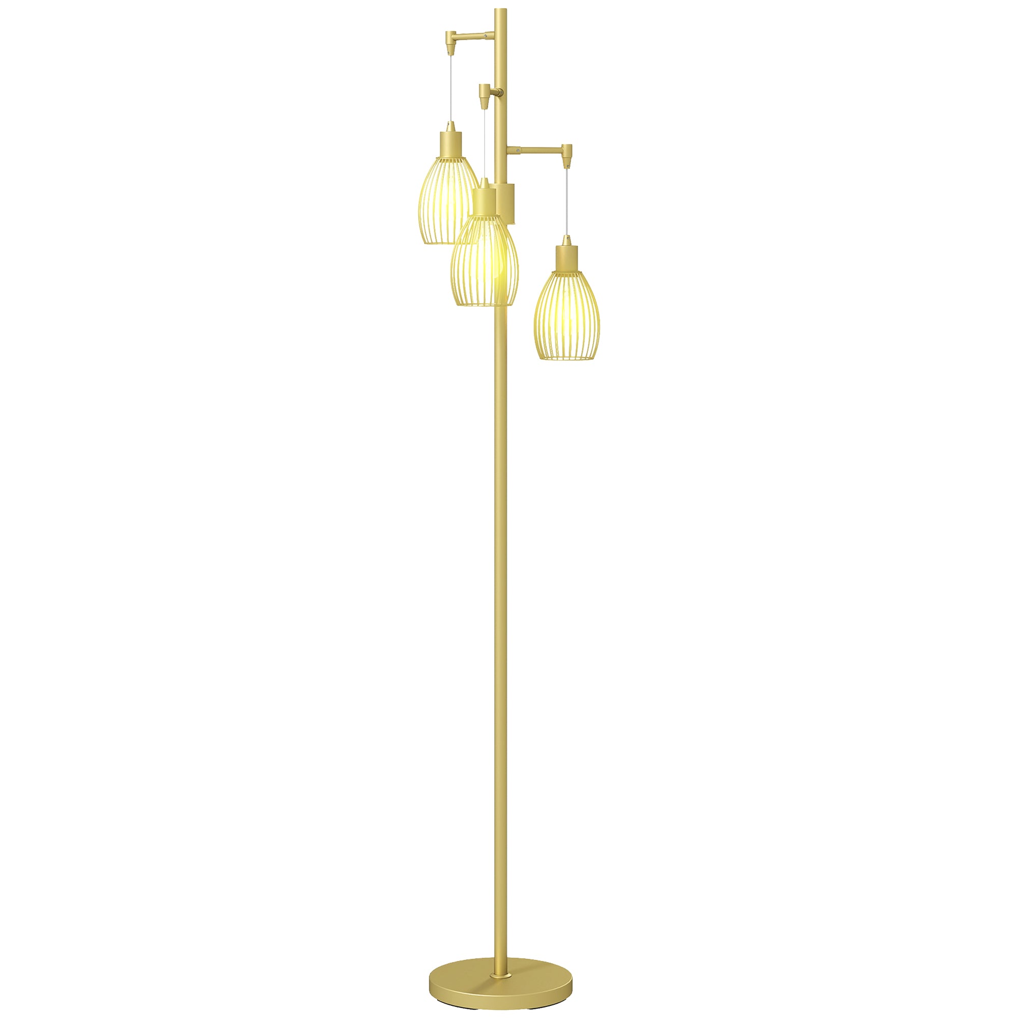Industrial Floor Lamp with 3 Hanging Wire Lampshades, Dimmable Standing Lamp for Living Room, Bedroom, Dining Room, Study, Gold