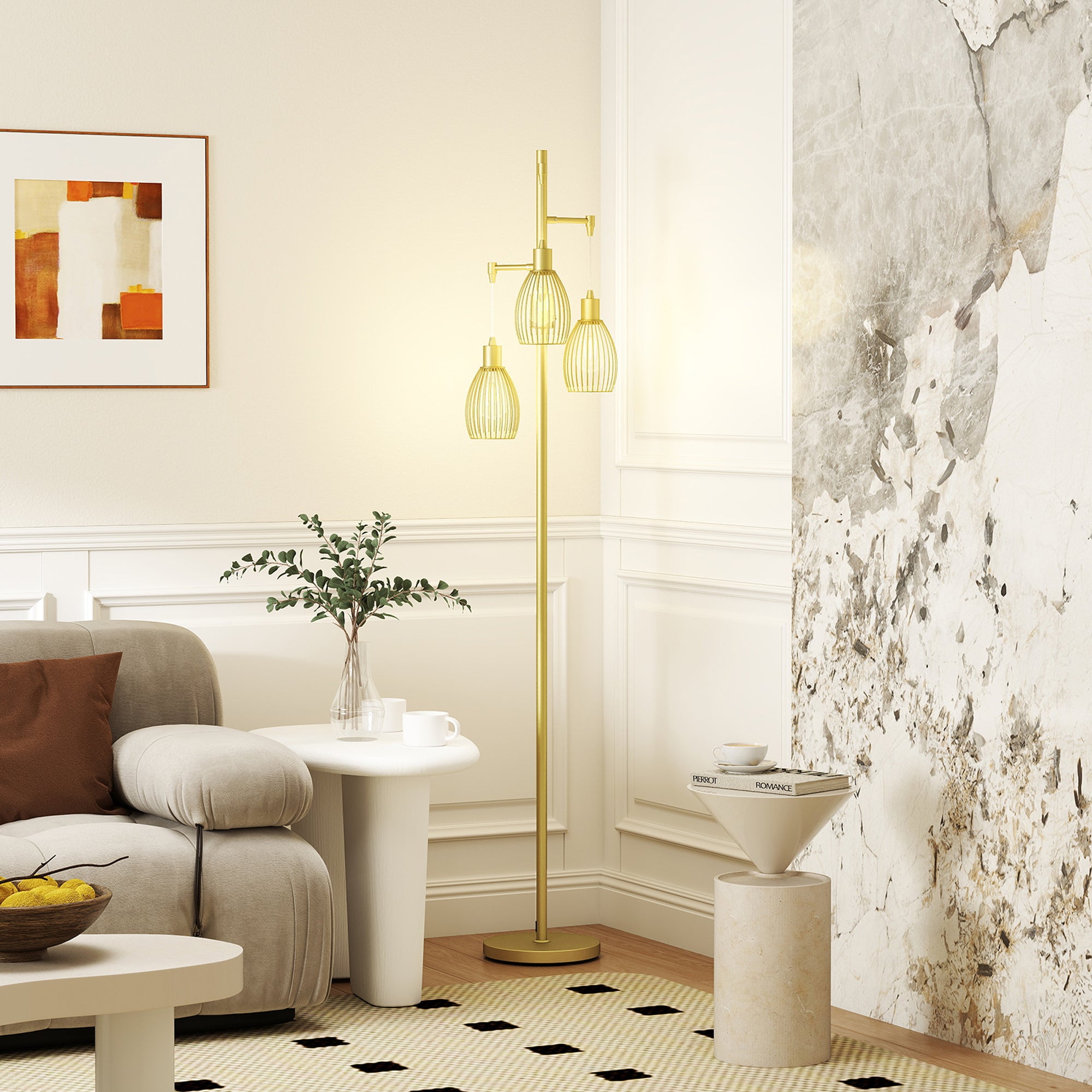 Industrial Floor Lamp with 3 Hanging Wire Lampshades, Dimmable Standing Lamp for Living Room, Bedroom, Dining Room, Study, Gold