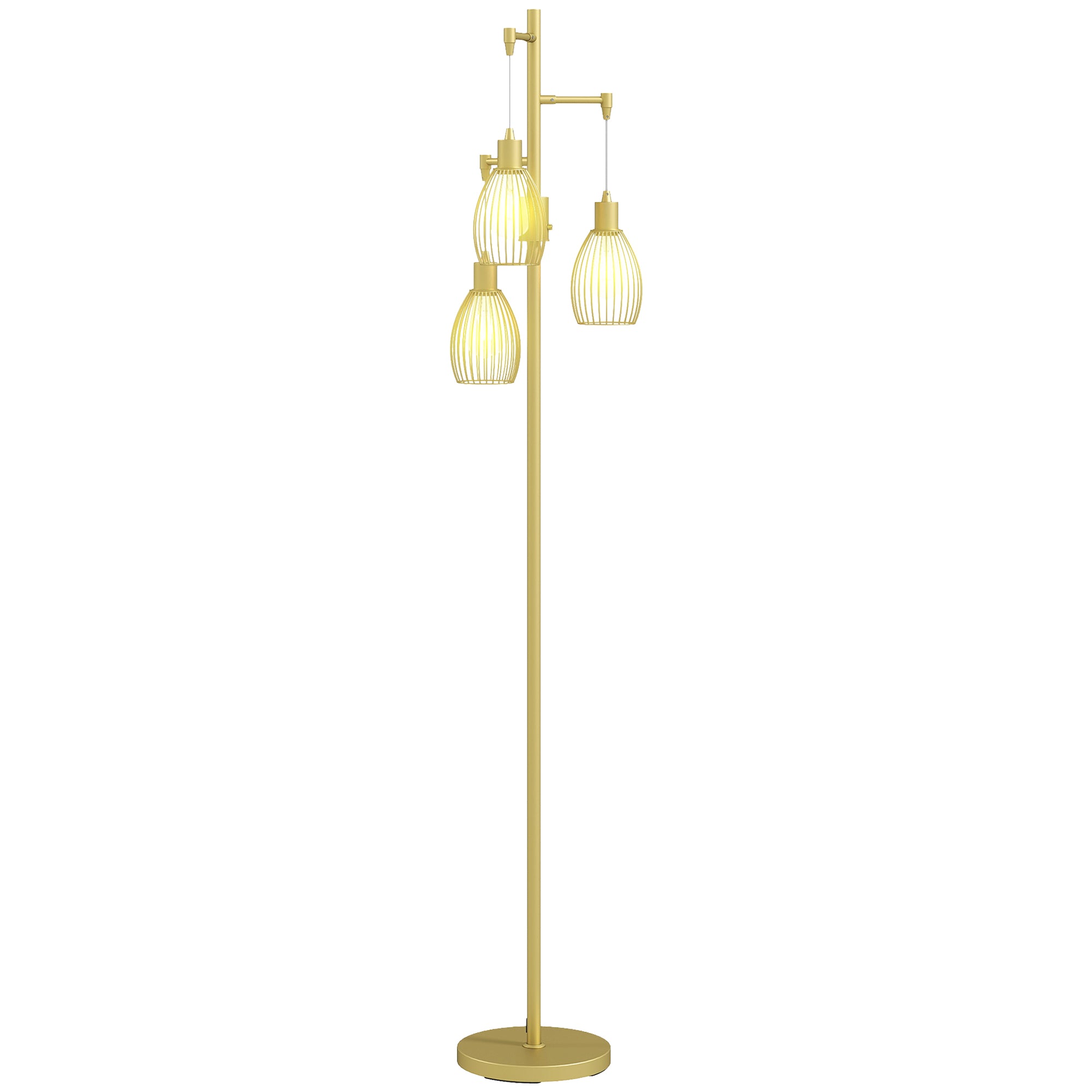 Industrial Floor Lamp with 3 Hanging Wire Lampshades, Dimmable Standing Lamp for Living Room, Bedroom, Dining Room, Study, Gold