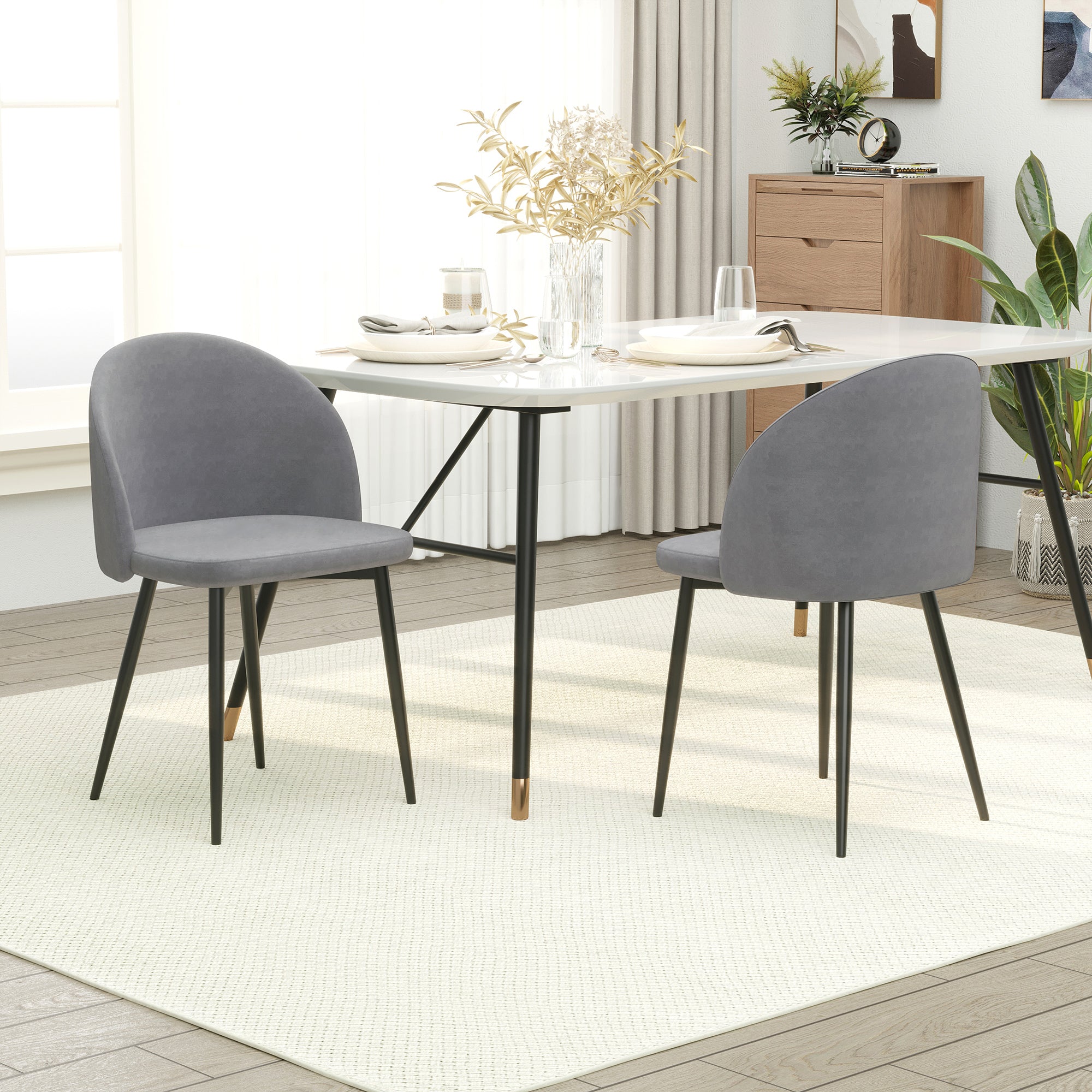 HOMCOM Modern Dining Chairs Set of 2, Mid-Back Velvet Upholstered Kitchen Chairs, Side Chair for Living Room, Dining Room, Grey