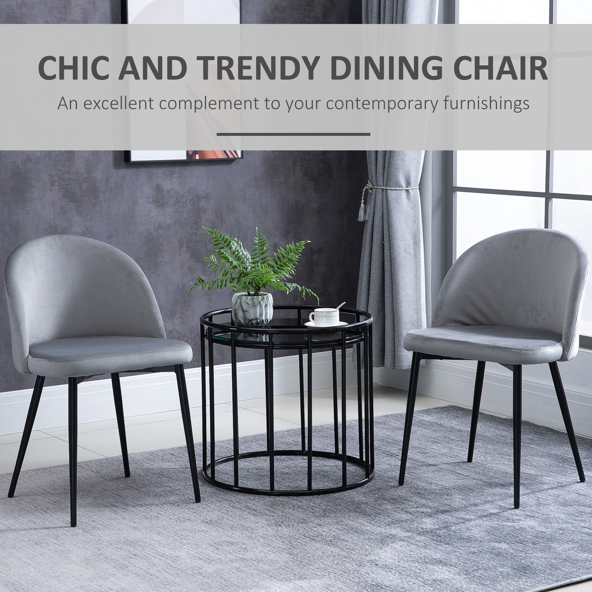 HOMCOM Modern Dining Chairs Set of 2, Mid-Back Velvet Upholstered Kitchen Chairs, Side Chair for Living Room, Dining Room, Grey