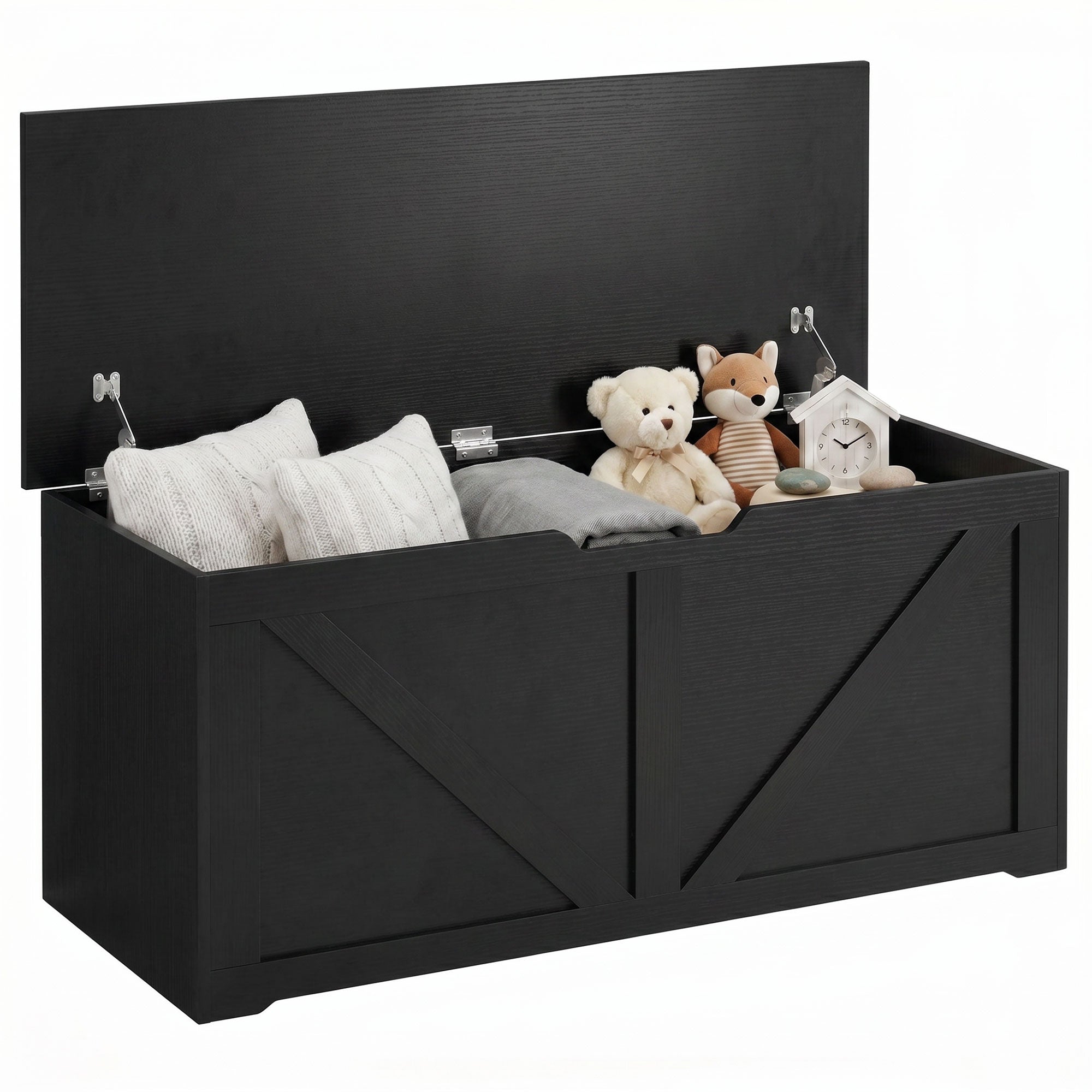 127L Storage Chest, Shoe Storage Trunk Bench Box with 2 Safety Hinges and U-shaped Cut-out Pull, Blanket Box Ottoman for Bedroom, Living Room, Entryway, 100 x 40 x 45 cm, Black Wood-Effect