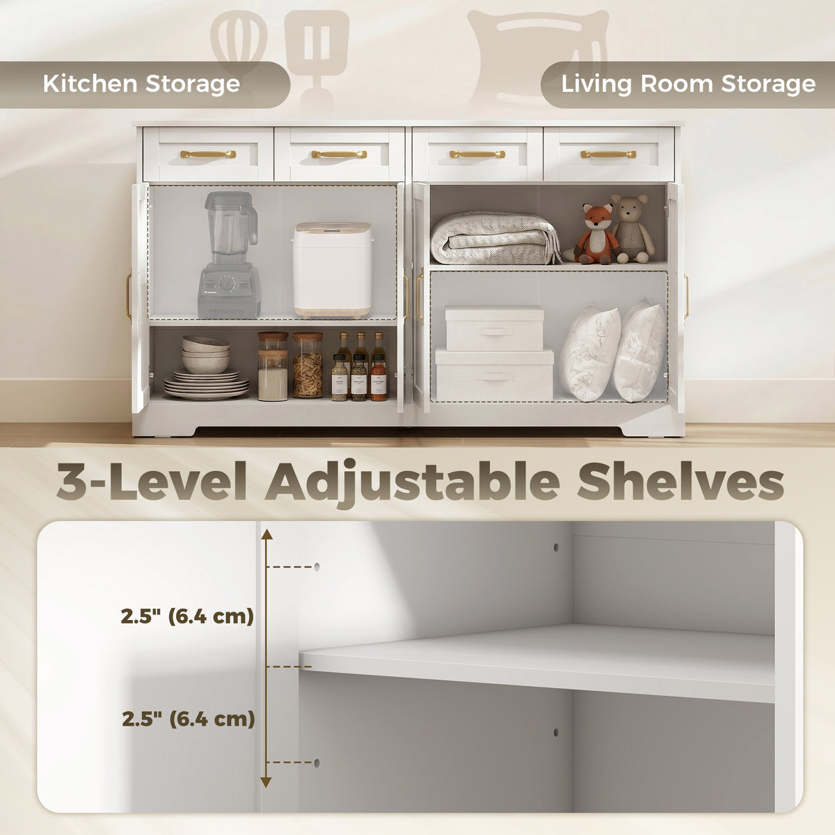Sideboard Buffet Cabinet, 55" Modern Farmhouse Kitchen Storage Cabinet with 4 Drawers, 4 Doors and 2 Adjustable Shelves, Coffee Bar Station, White