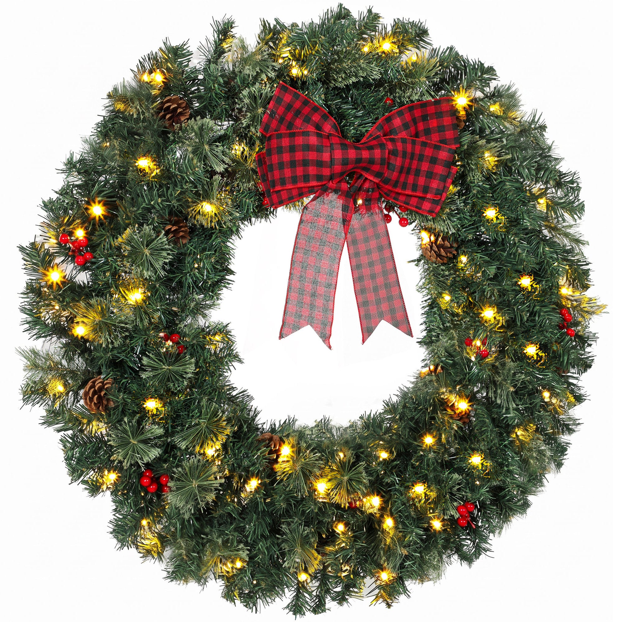 36 in Pre-Lit Crestwood Spruce Artificial Christmas Wreath, Christmas Decoration with Bow, 100 LED Lights, 330 Tips, 8 Modes, Red Berries, Pinecones for Door, Indoor Covered Outdoor, Green