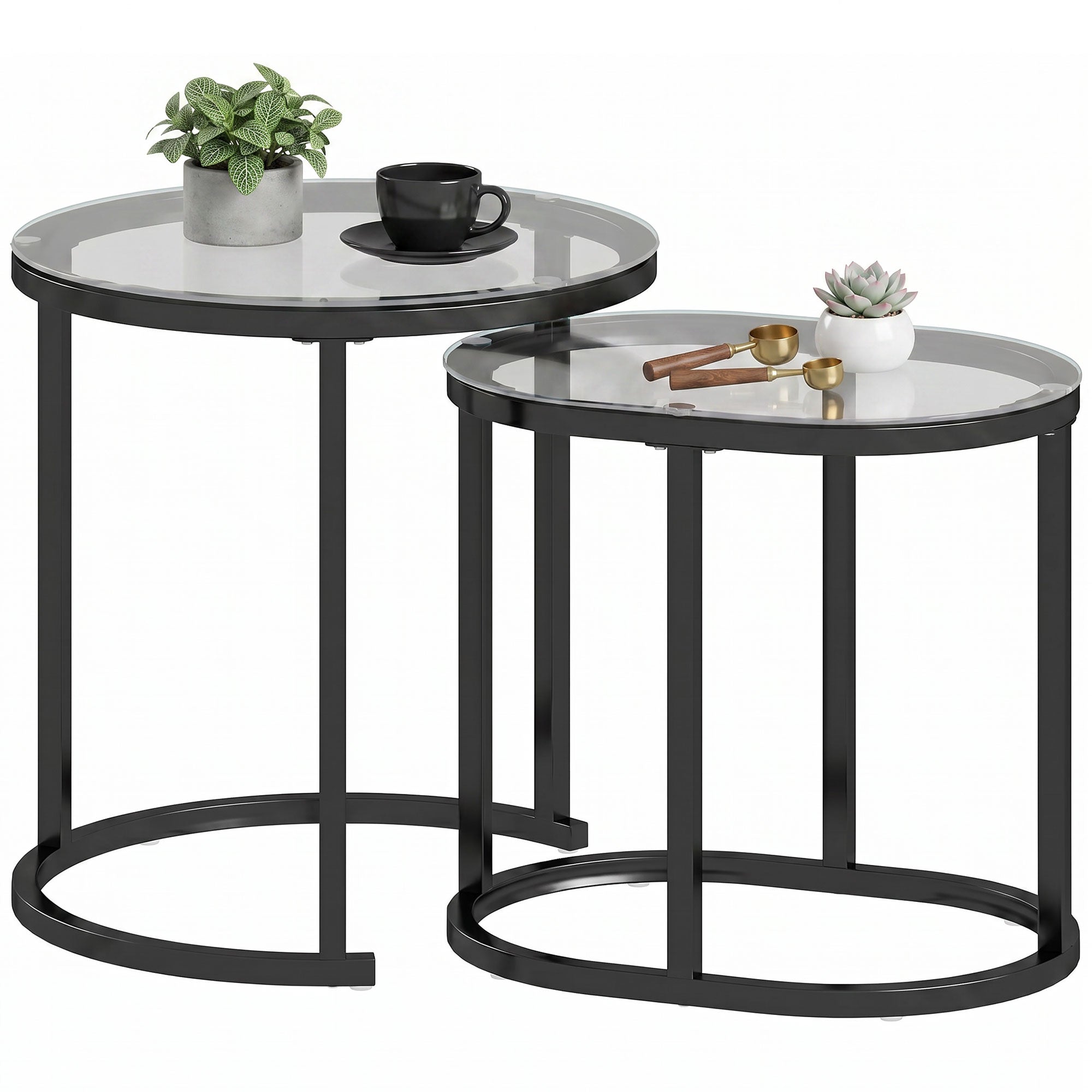 Modern Coffee Table Set of 2, Nest of Tables with Steel Frame and Tempered Glass Tabletop, Side Tables for Living Room Bedroom, Black