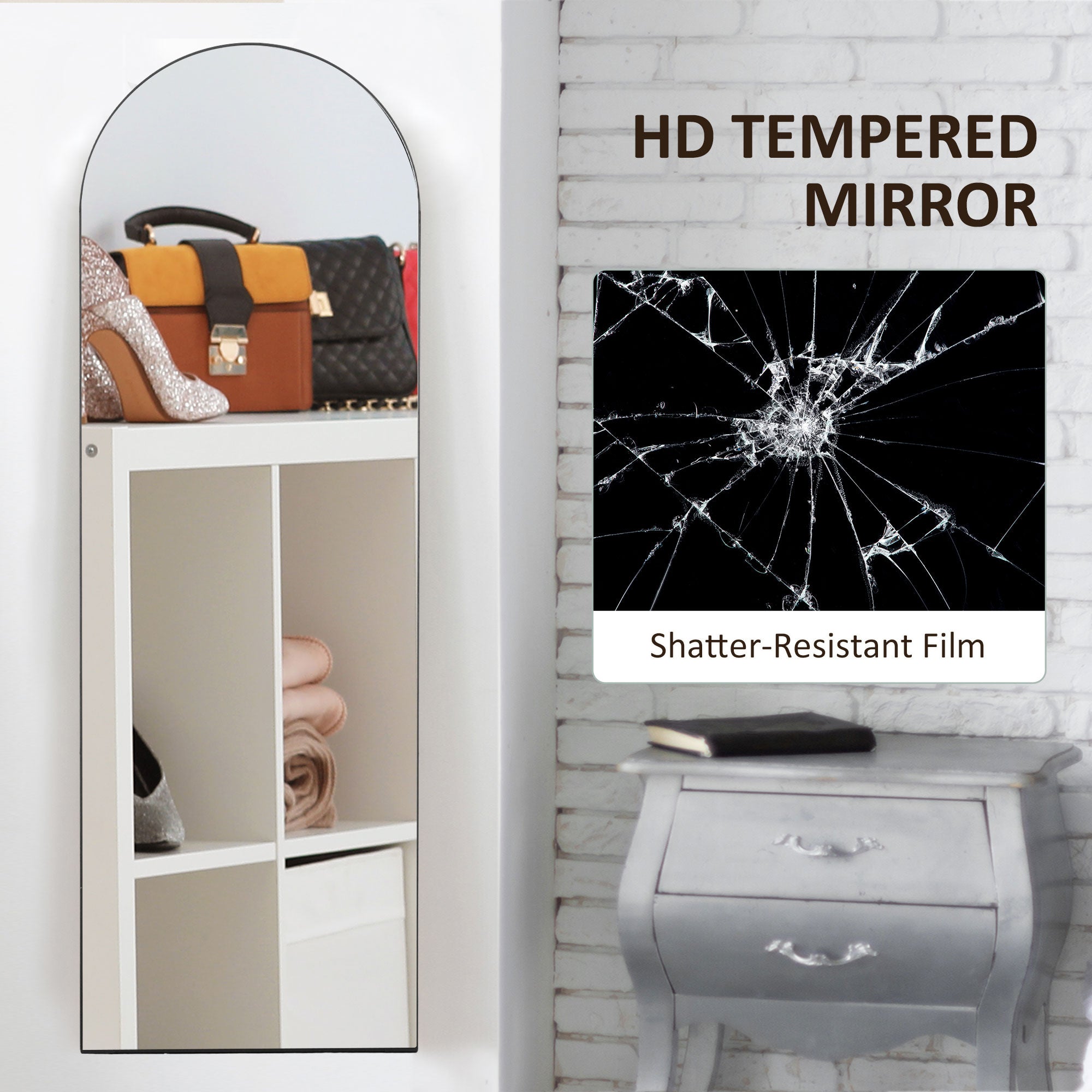 HOMCOM Arched Full Length Mirror, 50 x 150cm Wall Mounted, Leaning, Free Standing Mirror, Frameless Full Body Mirror for Living Room, Bedroom, Black