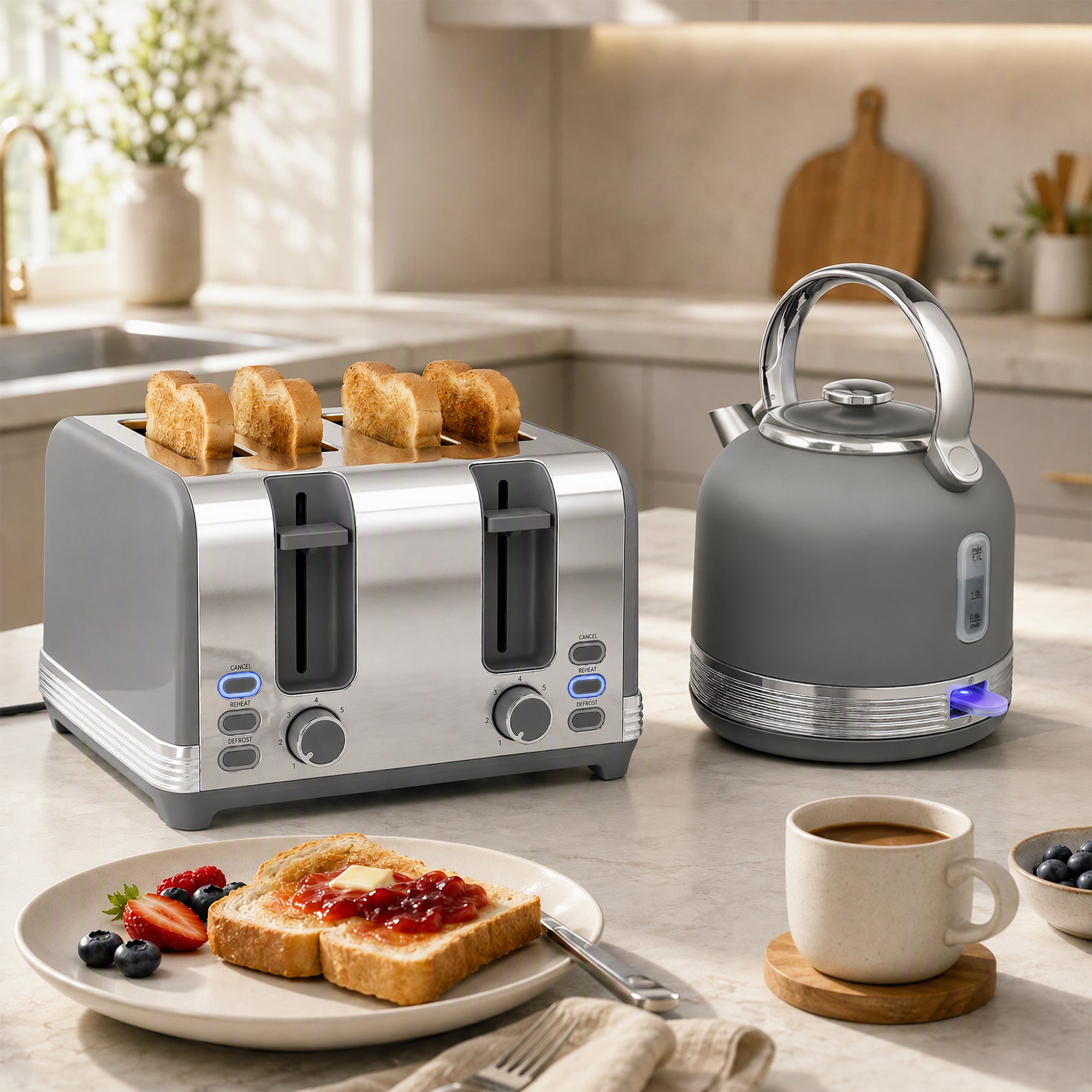Stainless Steel Kettle and Toaster Set, 1.7L 3000W Cordless Fast Boil Kettle, 4 Slice Toaster Kitchen Set with 7 Level Browning Controls, Defrost, Reheat and Crumb Tray, Grey