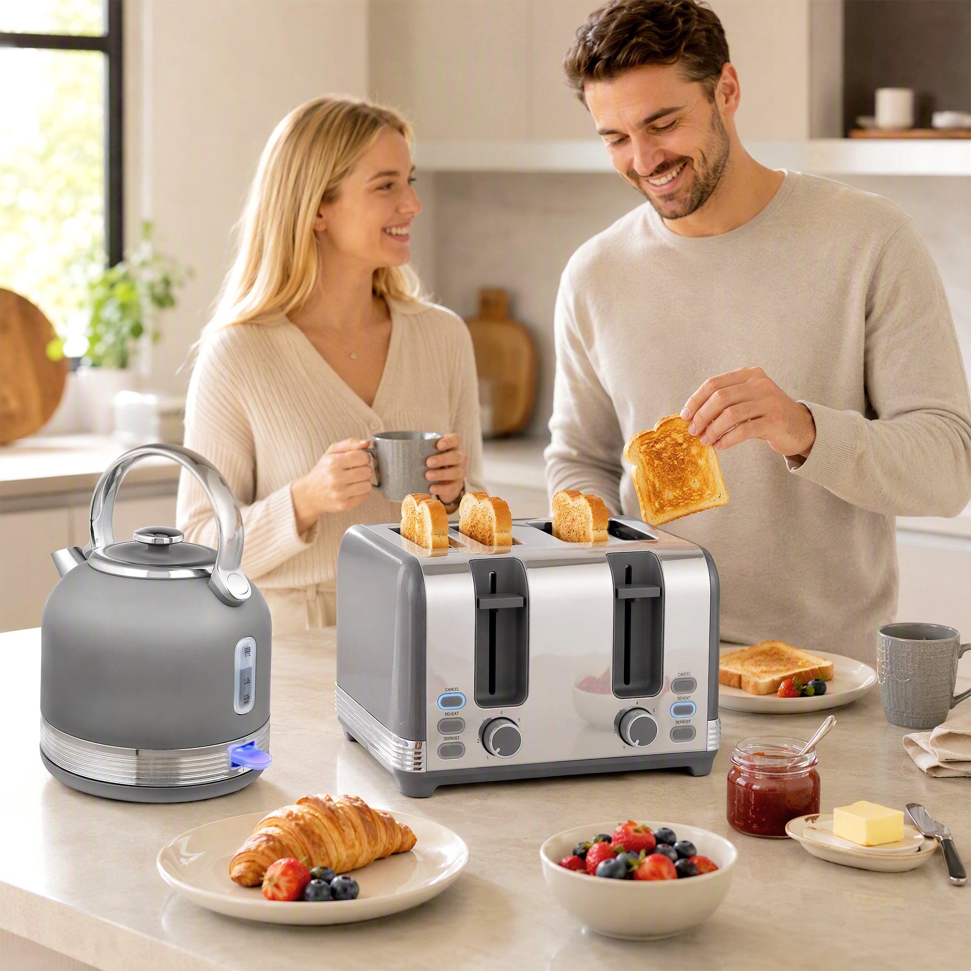 Stainless Steel Kettle and Toaster Set, 1.7L 3000W Cordless Fast Boil Kettle, 4 Slice Toaster Kitchen Set with 7 Level Browning Controls, Defrost, Reheat and Crumb Tray, Grey