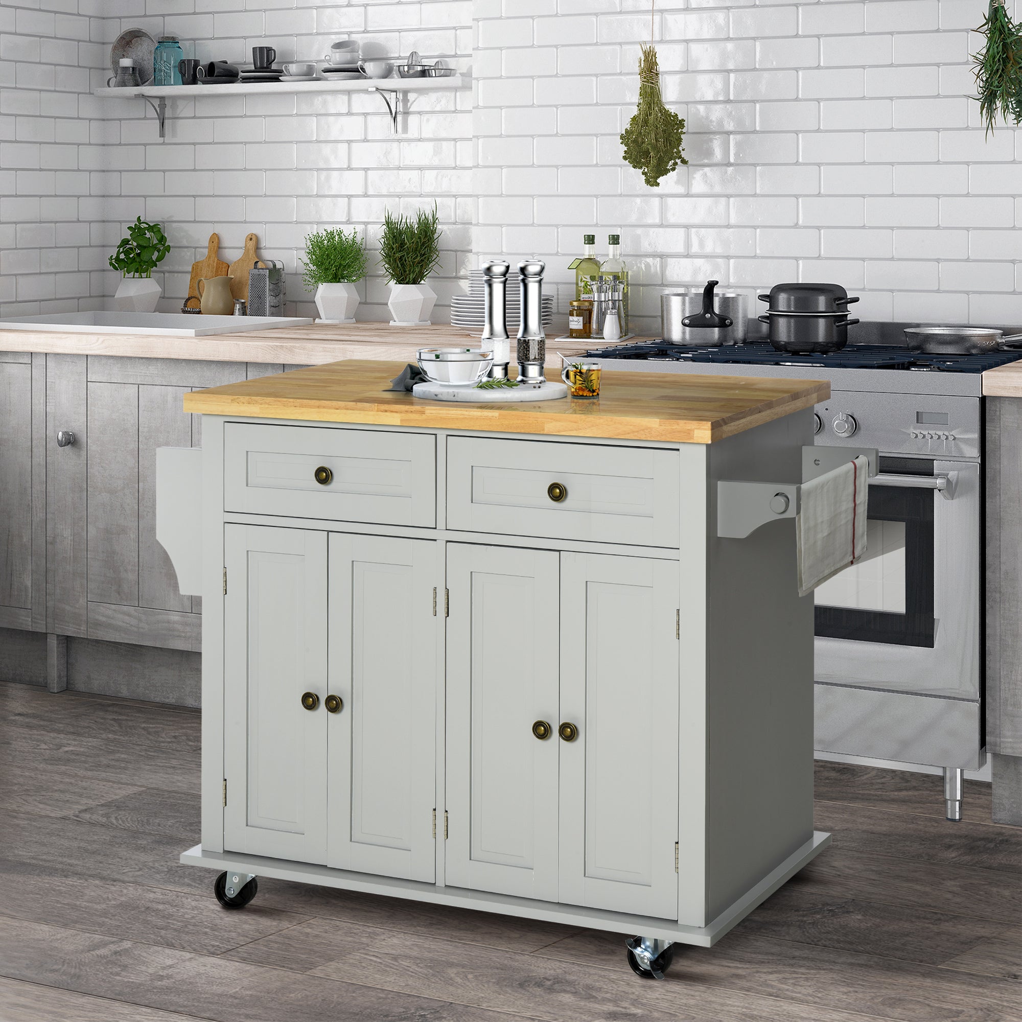 Kitchen Island on Wheels Rolling Cart with Rubberwood Top Spice Rack Towel Rack and Drawers Grey