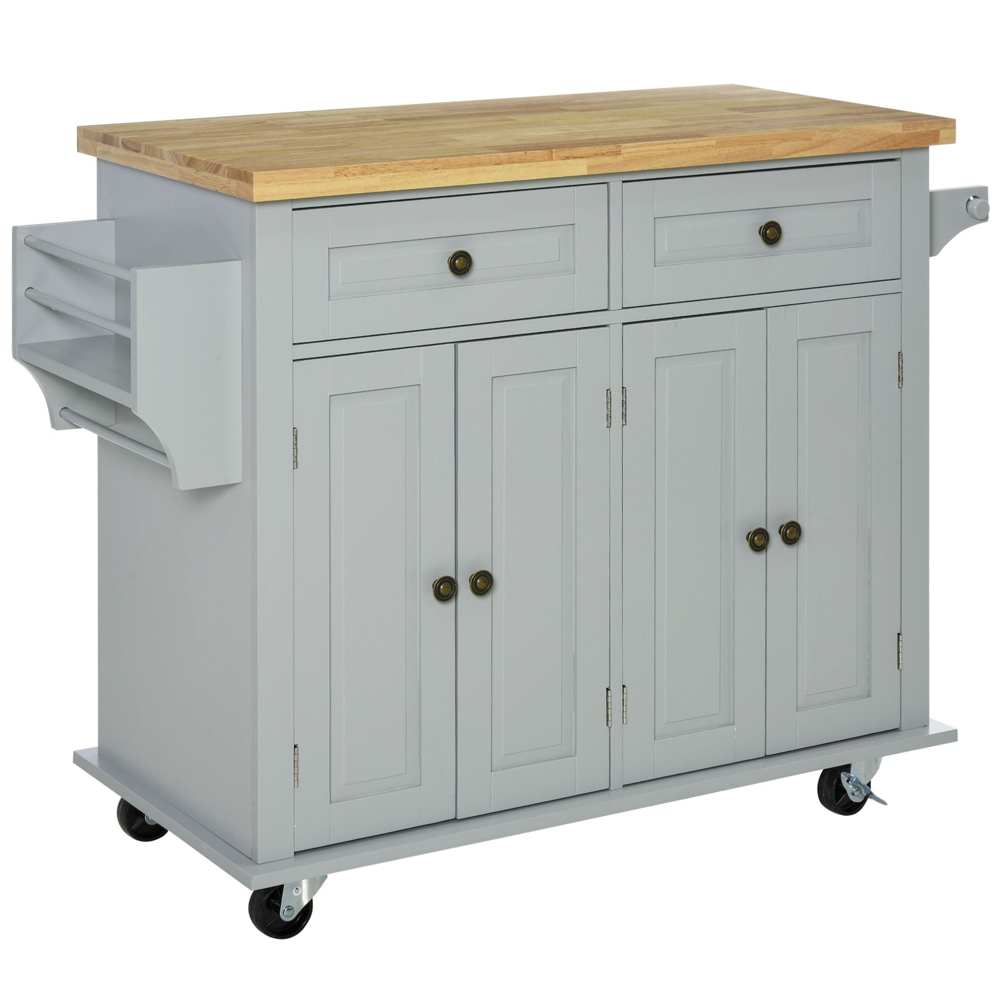 Kitchen Island on Wheels Rolling Cart with Rubberwood Top Spice Rack Towel Rack and Drawers Grey