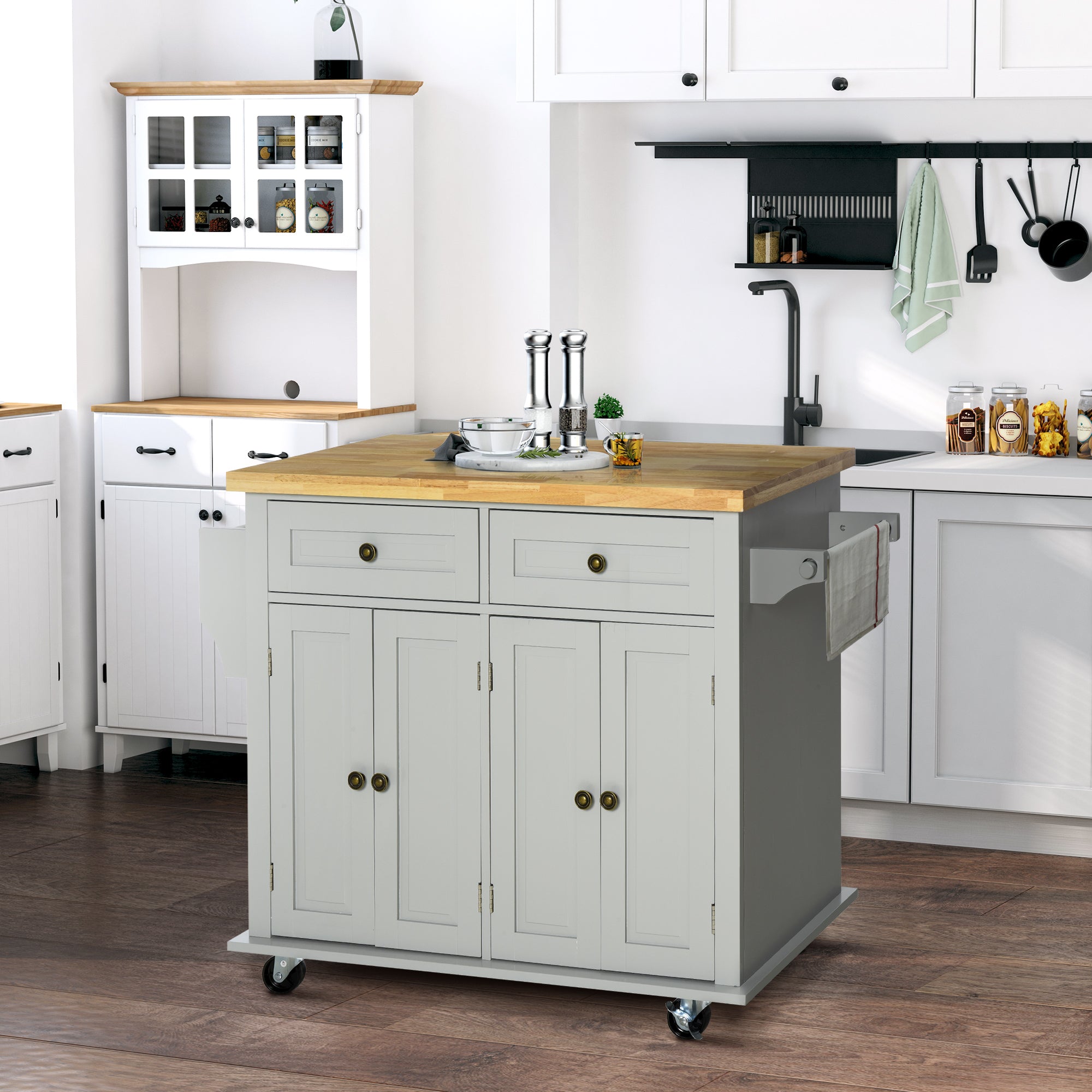 Kitchen Island on Wheels Rolling Cart with Rubberwood Top Spice Rack Towel Rack and Drawers Grey