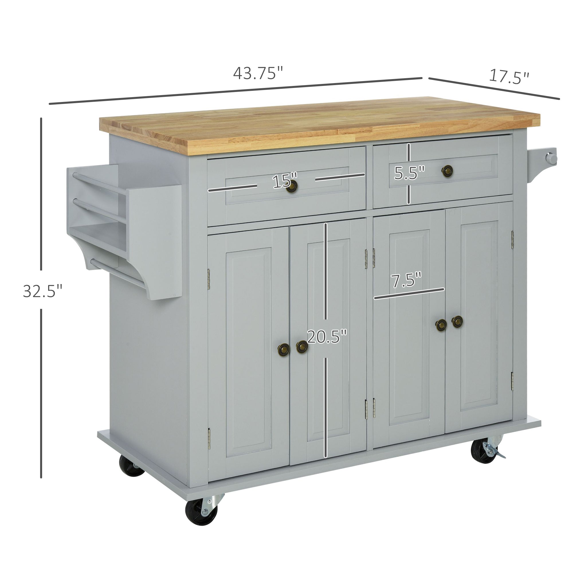 Kitchen Island on Wheels Rolling Cart with Rubberwood Top Spice Rack Towel Rack and Drawers Grey