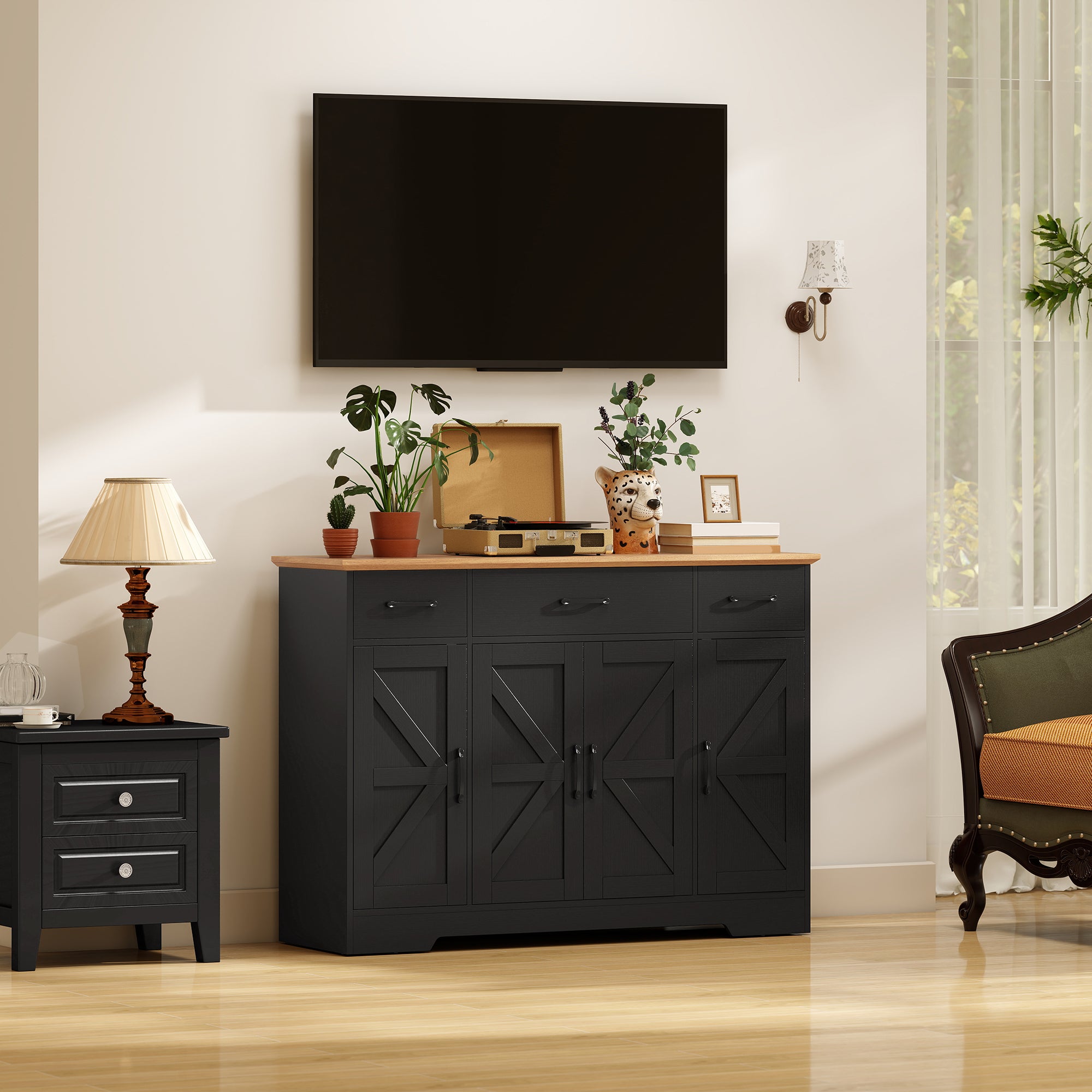 47" Sideboard Buffet Cabinet, Farmhouse Credenza with Soft-Close Hinges, Coffee Bar Cabinet with Spice Racks, 3 Drawers and 3 Adjustable Shelves, Black