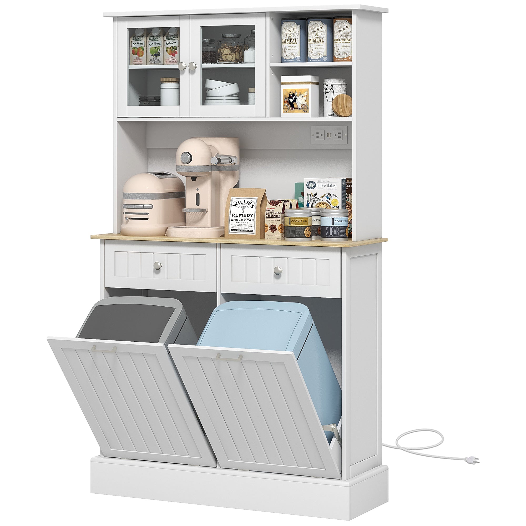 Kitchen Cabinet with Charging Station, 2 Tilt Out Cabinets, Microwave Stand, Freestanding Kitchen Pantry Cabinet, White