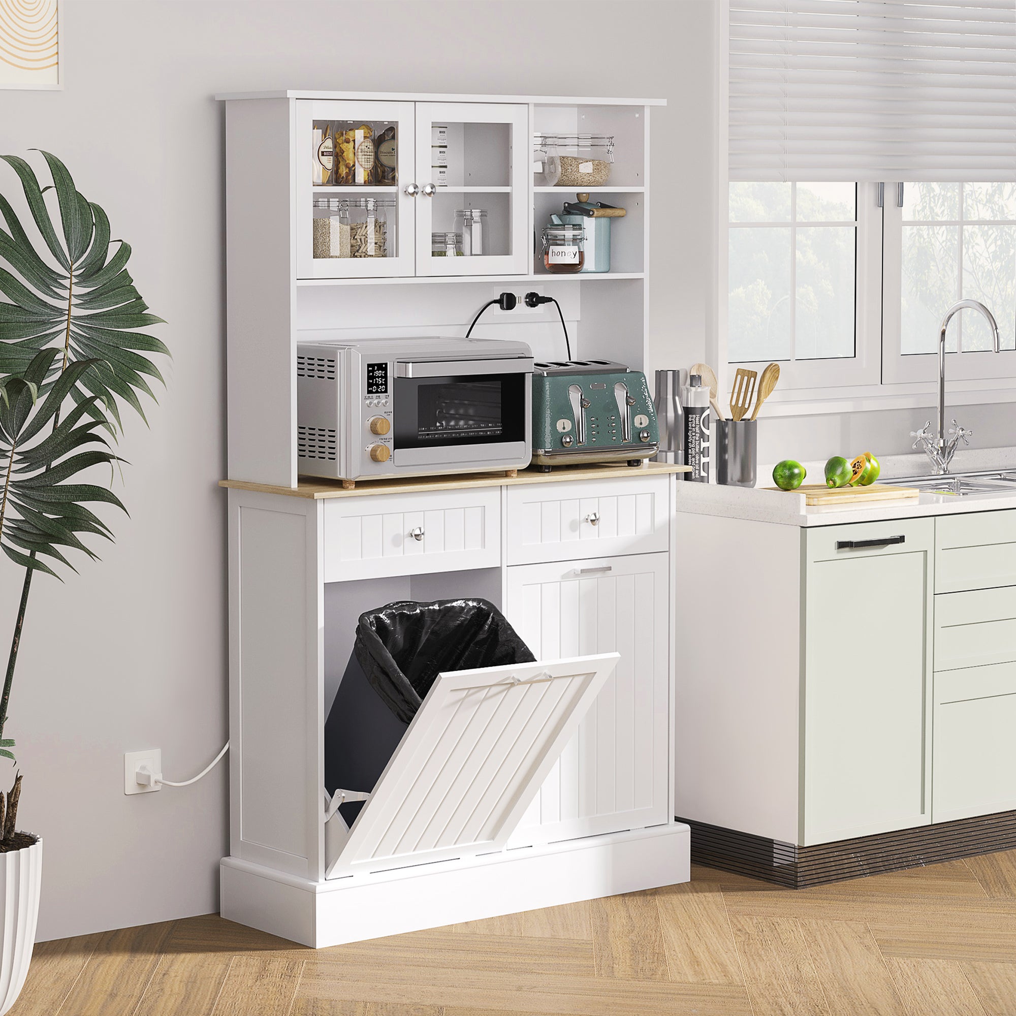 Kitchen Cabinet with Charging Station, 2 Tilt Out Cabinets, Microwave Stand, Freestanding Kitchen Pantry Cabinet, White