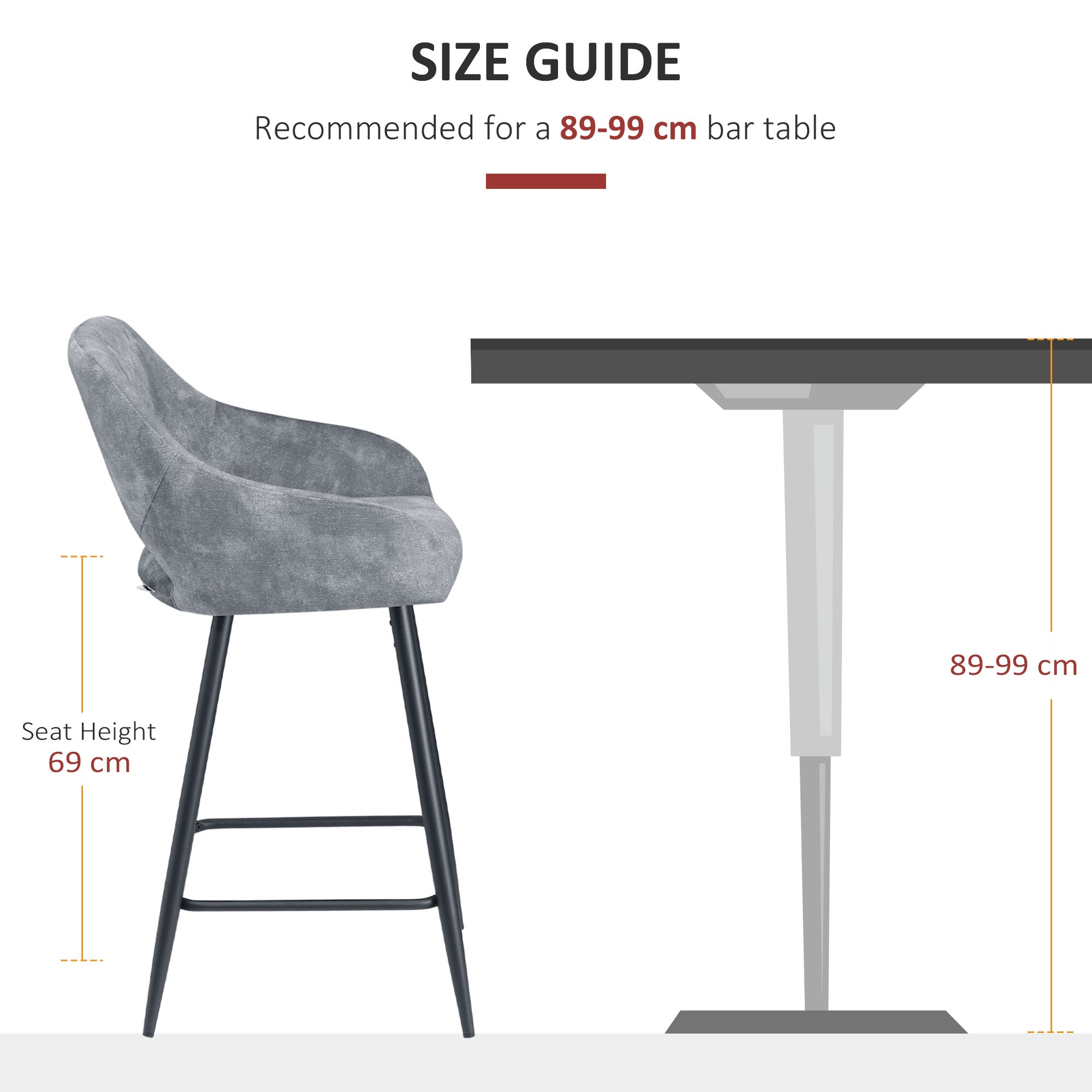 HOMCOM Bar Stools Set of 2, Velvet-Touch Fabric Counter Height Bar Chairs, Kitchen Stools with Steel Legs for Dining Area, Kitchen Island Barstools, Grey