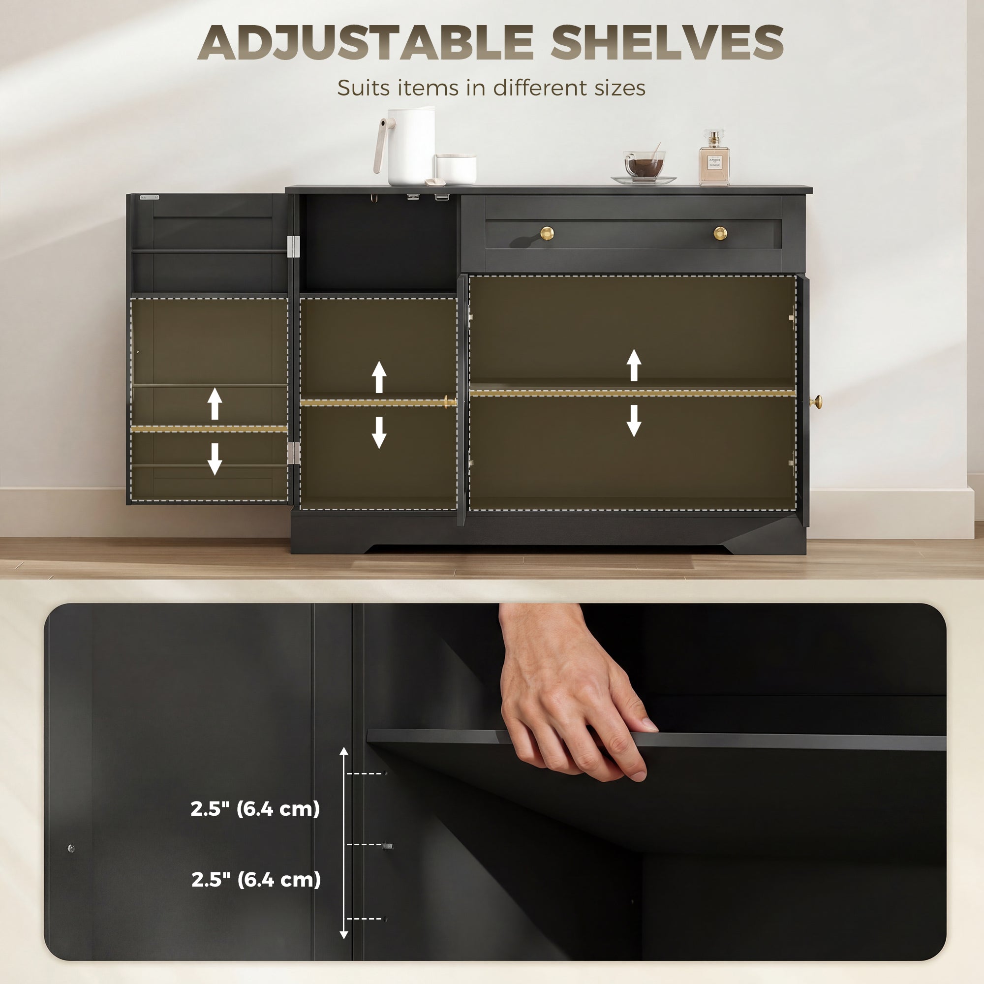 Farmhouse Sideboard Buffet Cabinet with Storage, 47" Coffee Bar Cabinet with 3 Door Shelves, Drawer, Adjustable Shelves and 3 Barn Doors, Black
