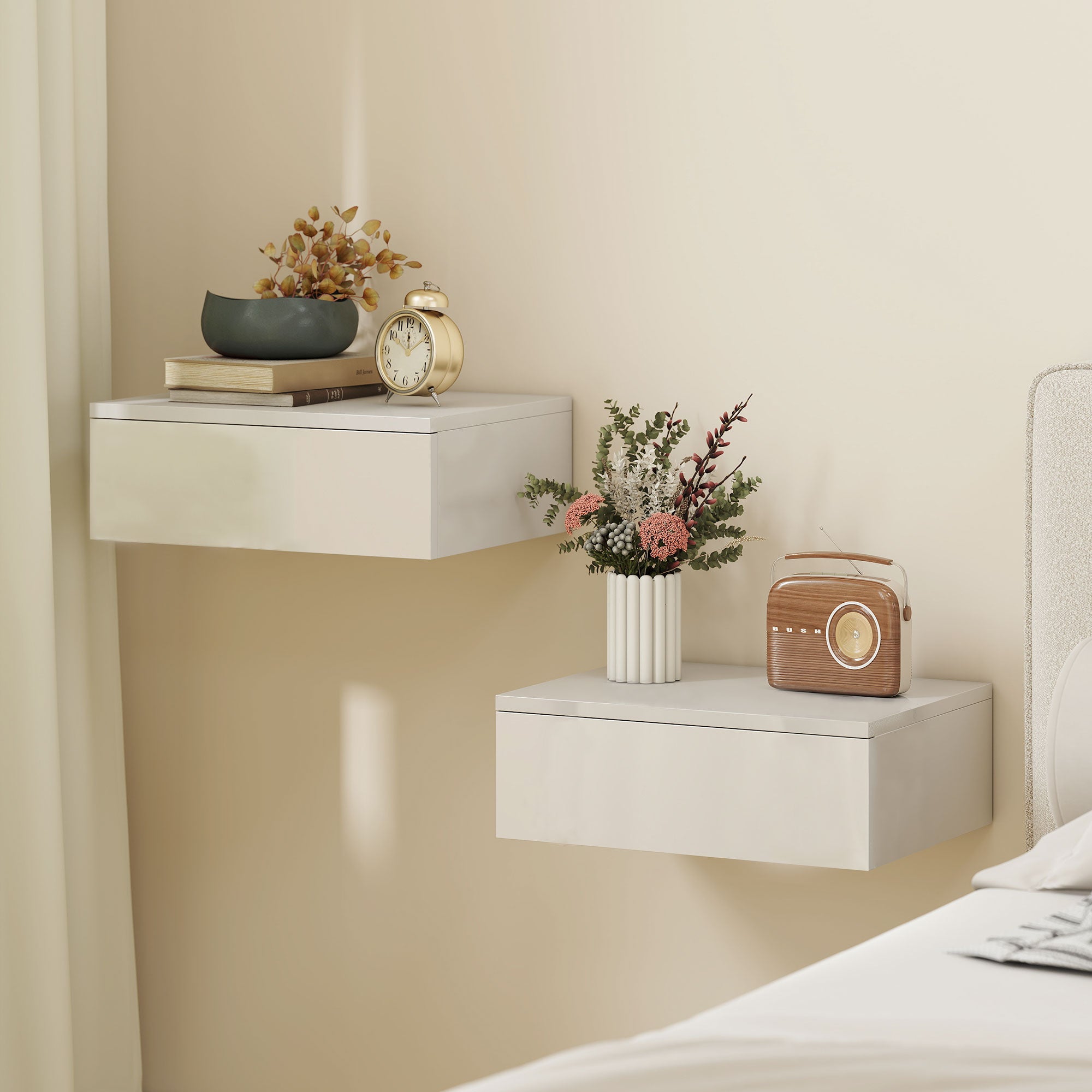 Floating Bedside Table Set of 2, Modern Wall-Mounted Nightstand with High Gloss Finish and Storage Drawer, Small Side End Table for Bedroom, White