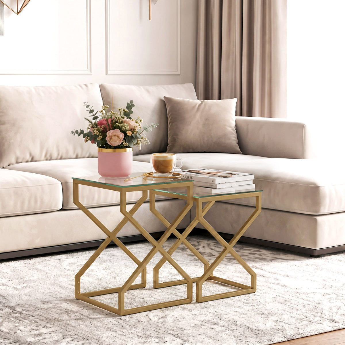 Nest of Tables, Side Table Set of 2 with Transparent Top, Coffee Table Set with Foot Pads, Steel Frame and Tempered Glass Top for Living Room Bedroom Office, Transparent